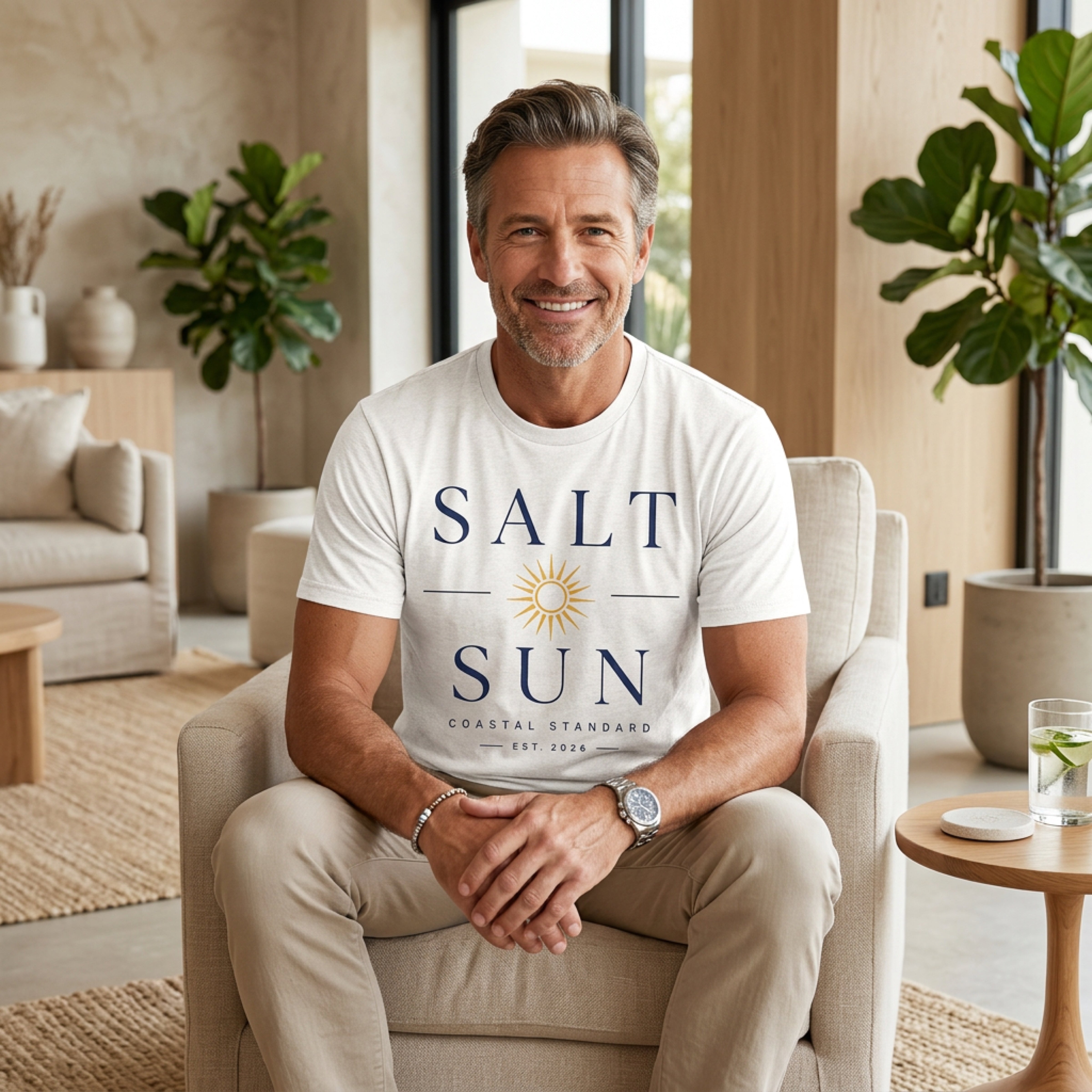 Man wearing white "SALT SUN COASTAL STANDARD" t-shirt sitting in a chair.