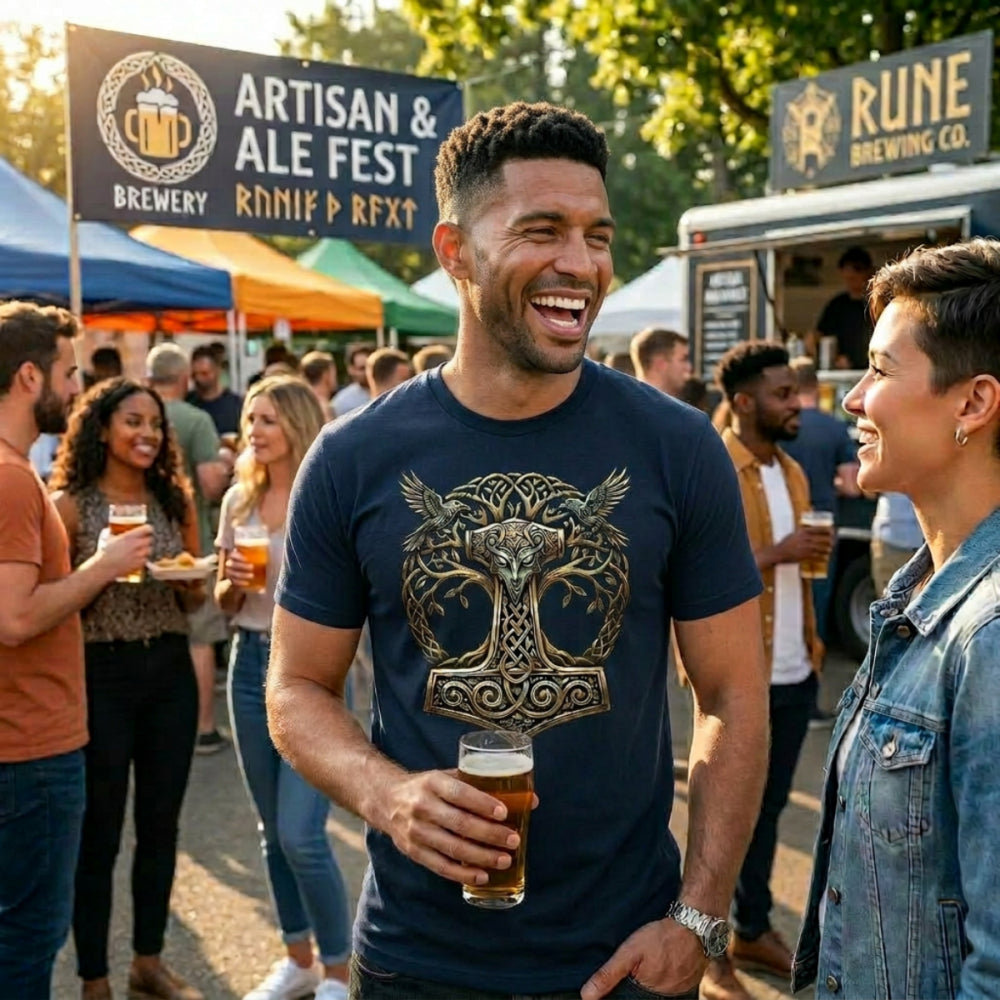 Man in navy t-shirt with Thor's Hammer and eagles design, holding a beer.
