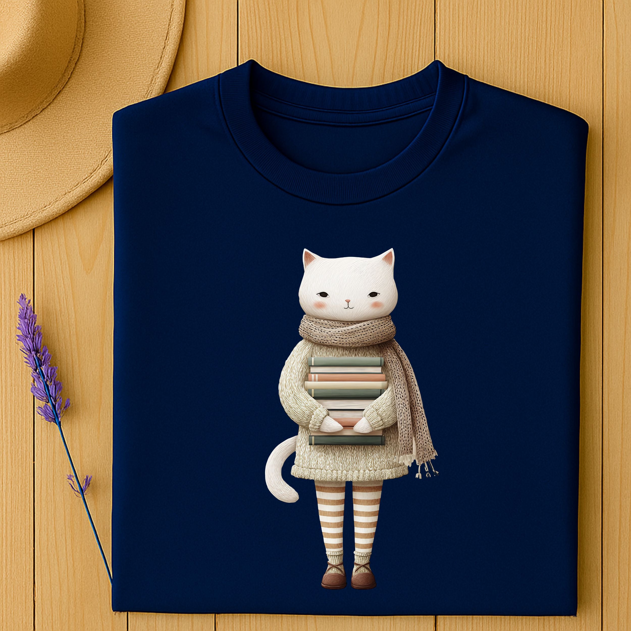 Adorable White Cat Holding Books Illustration T-shirt