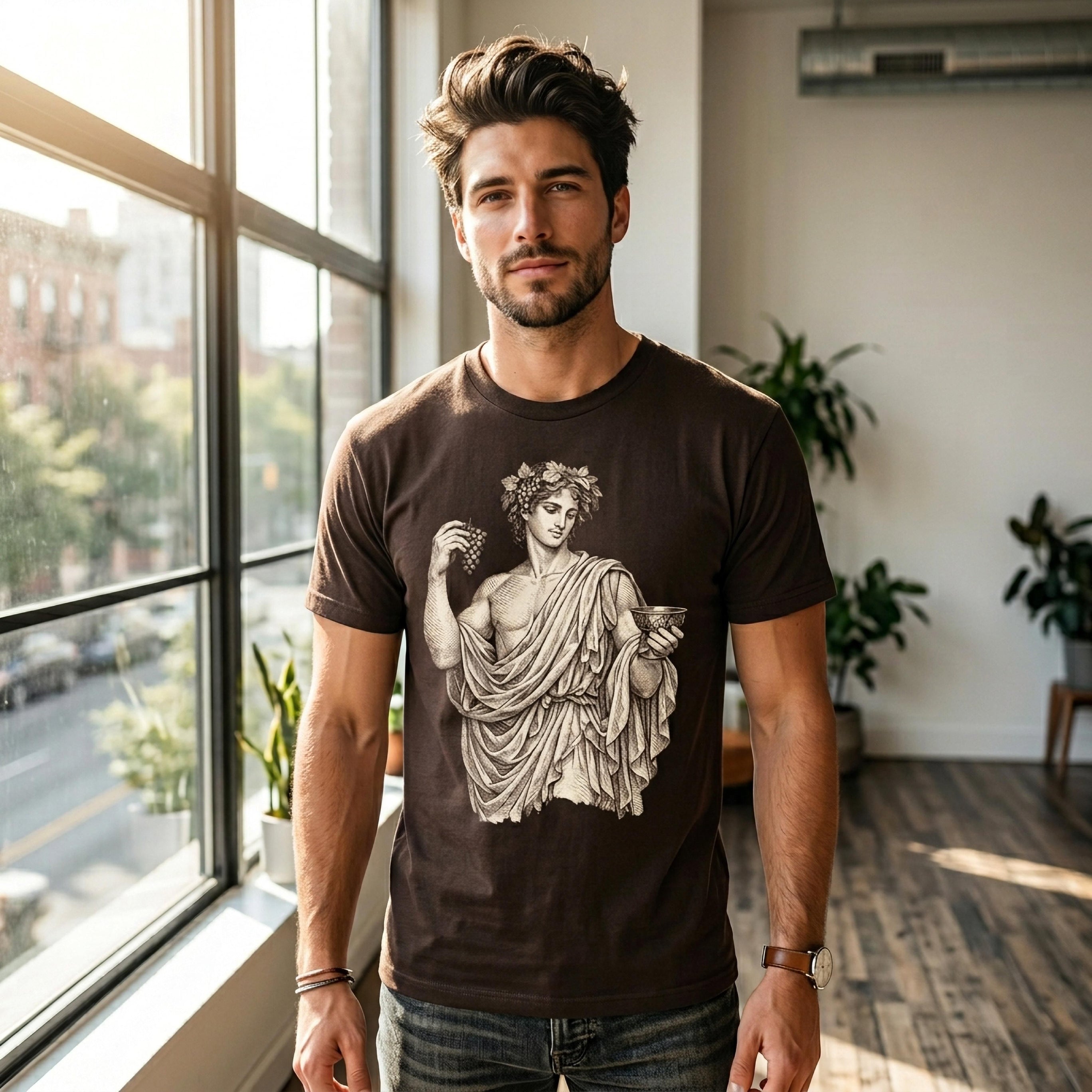 Man wearing dark brown t-shirt with classical statue graphic.