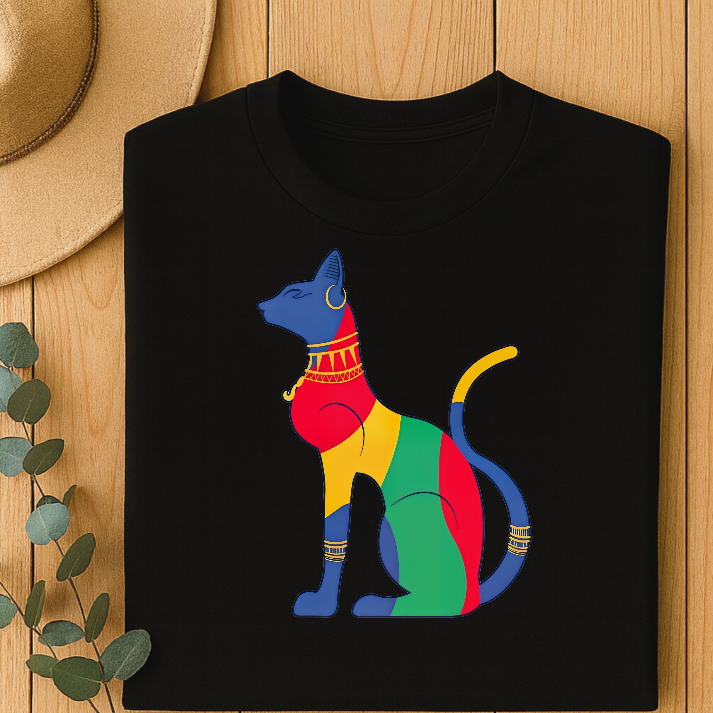 Black t-shirt with a colorful Egyptian cat design.