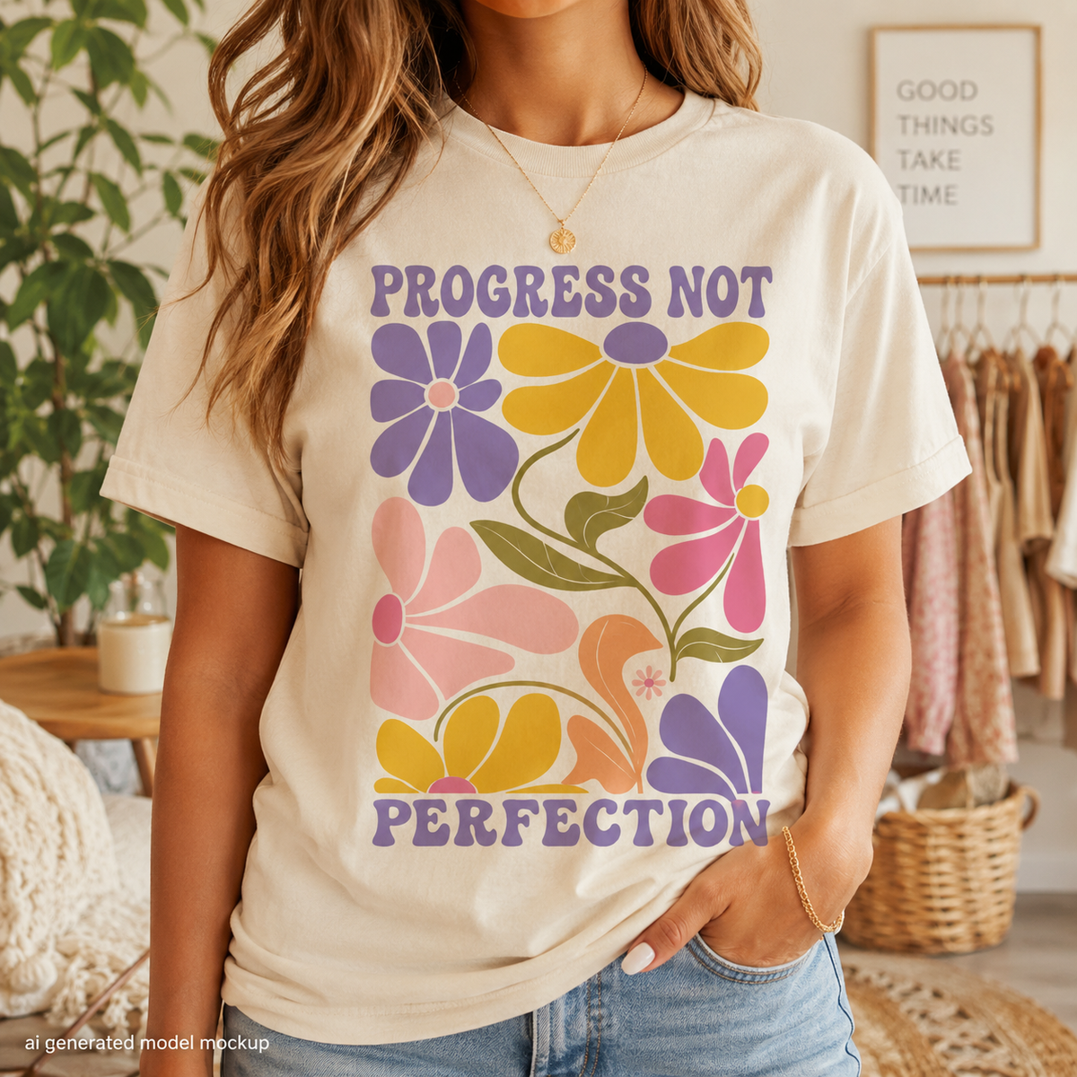 Cream t-shirt with "PROGRESS NOT PERFECTION" and colorful floral design.