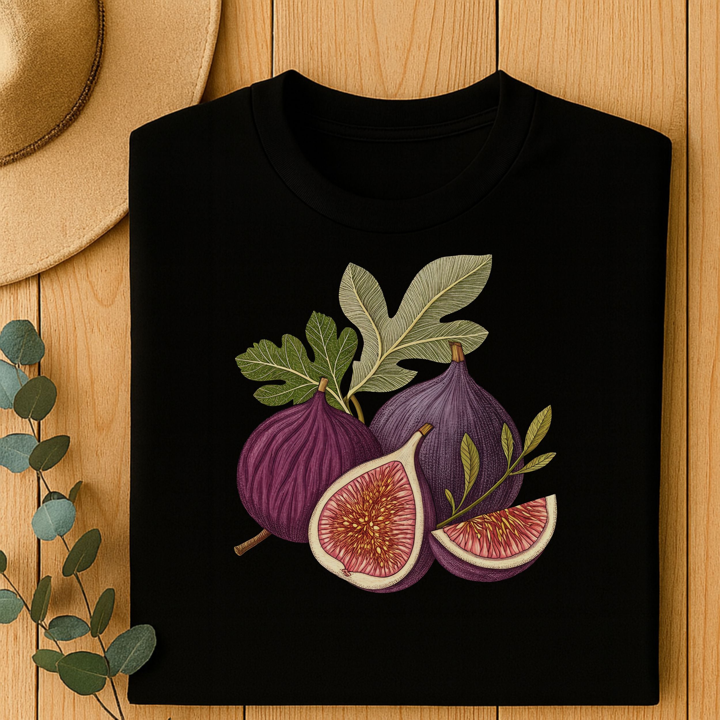 Fig and Leaves Graphic on Black T-shirt