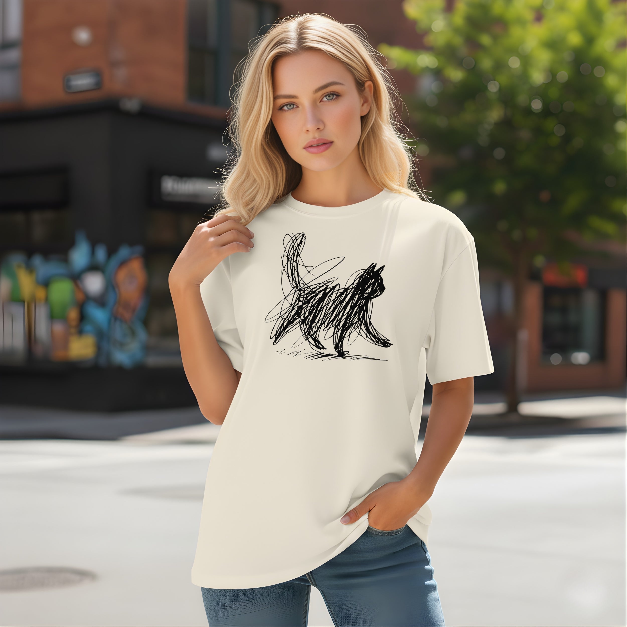 Artistic Scribble Cat Design on Casual T-Shirt