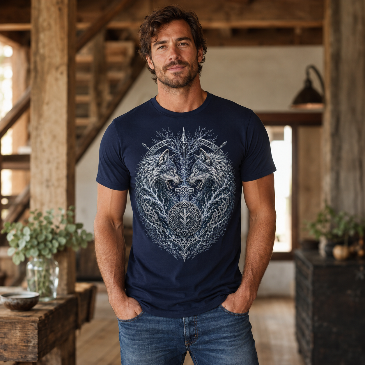 Man wearing a dark blue t-shirt with a wolf and Celtic knot design.