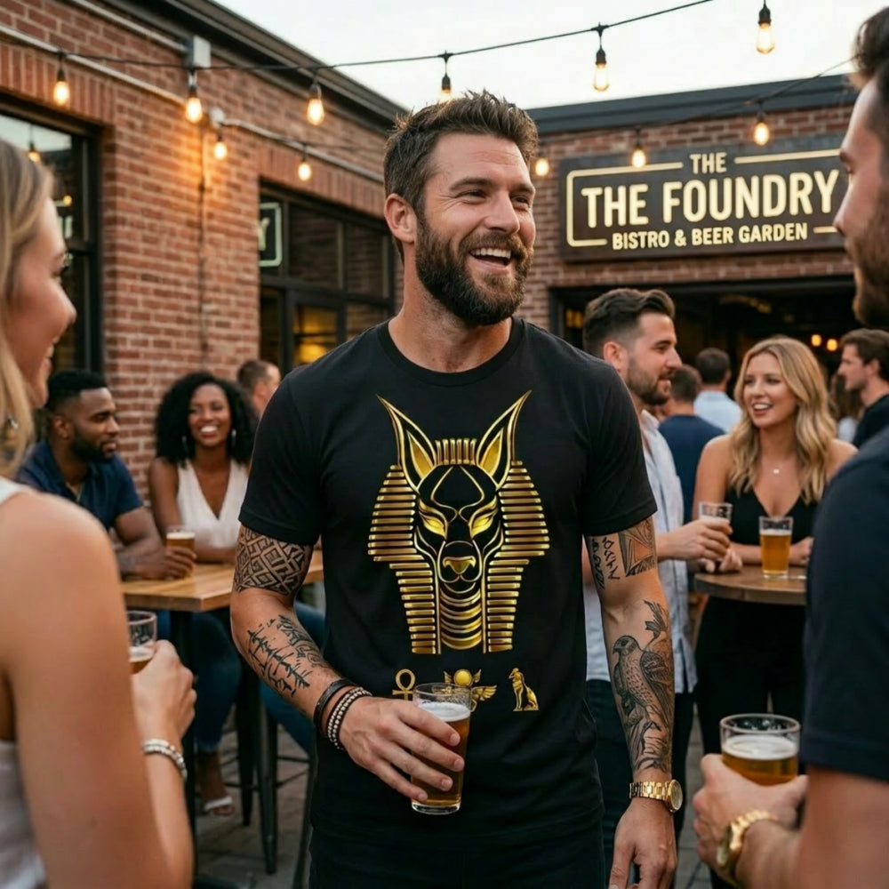 Man wearing black t-shirt with gold Egyptian Anubis graphic, holding a beer.