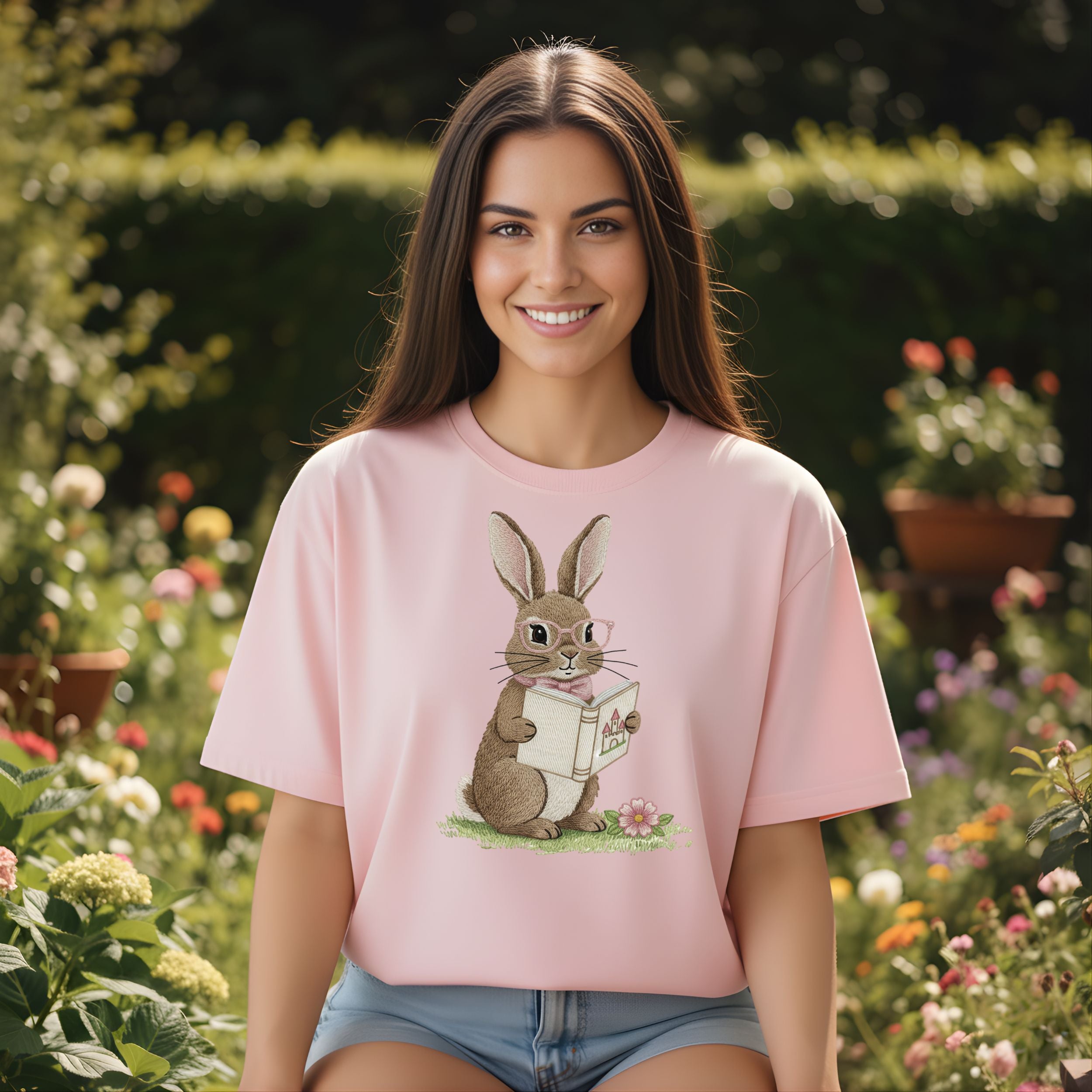 Cute Bunny Reading Book Graphic Pink T-Shirt for Women