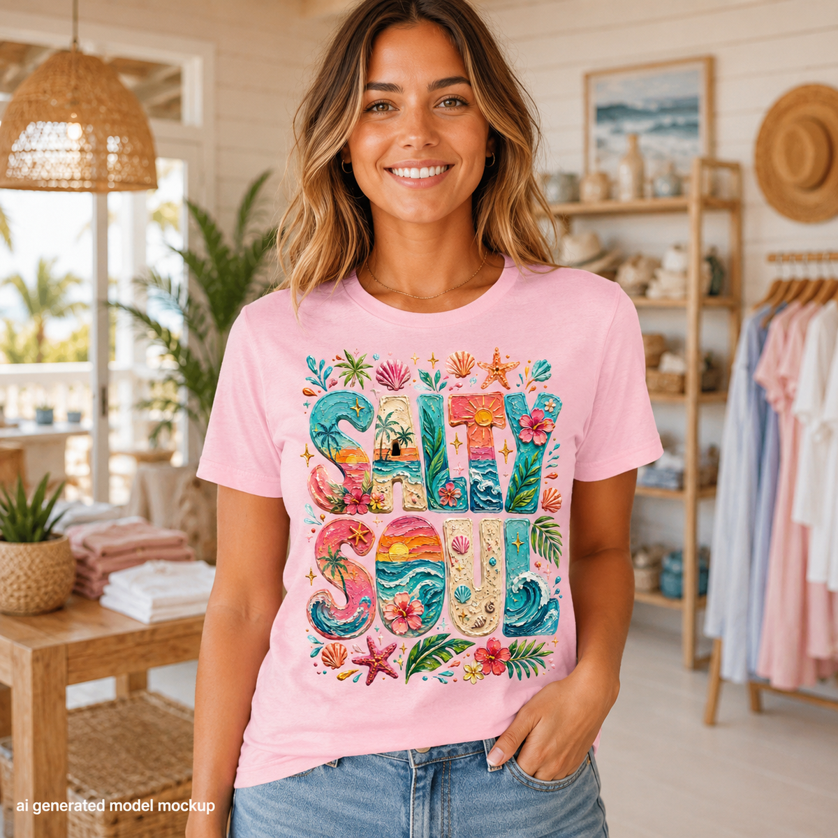 Pink t-shirt with "Salty Soul" text in beach-themed font and ocean imagery.