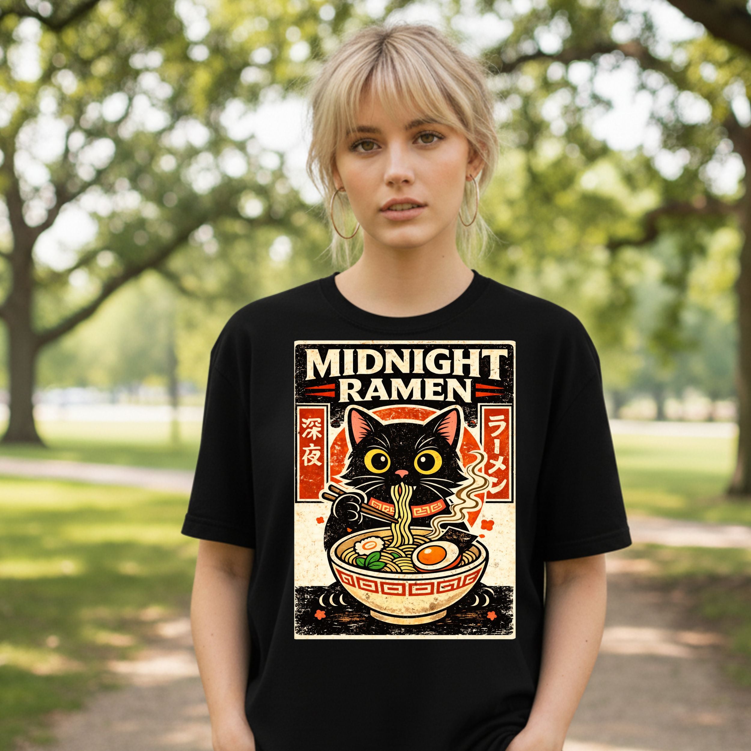 Midnight Ramen Cat Graphic Tee Custom Art Shirt