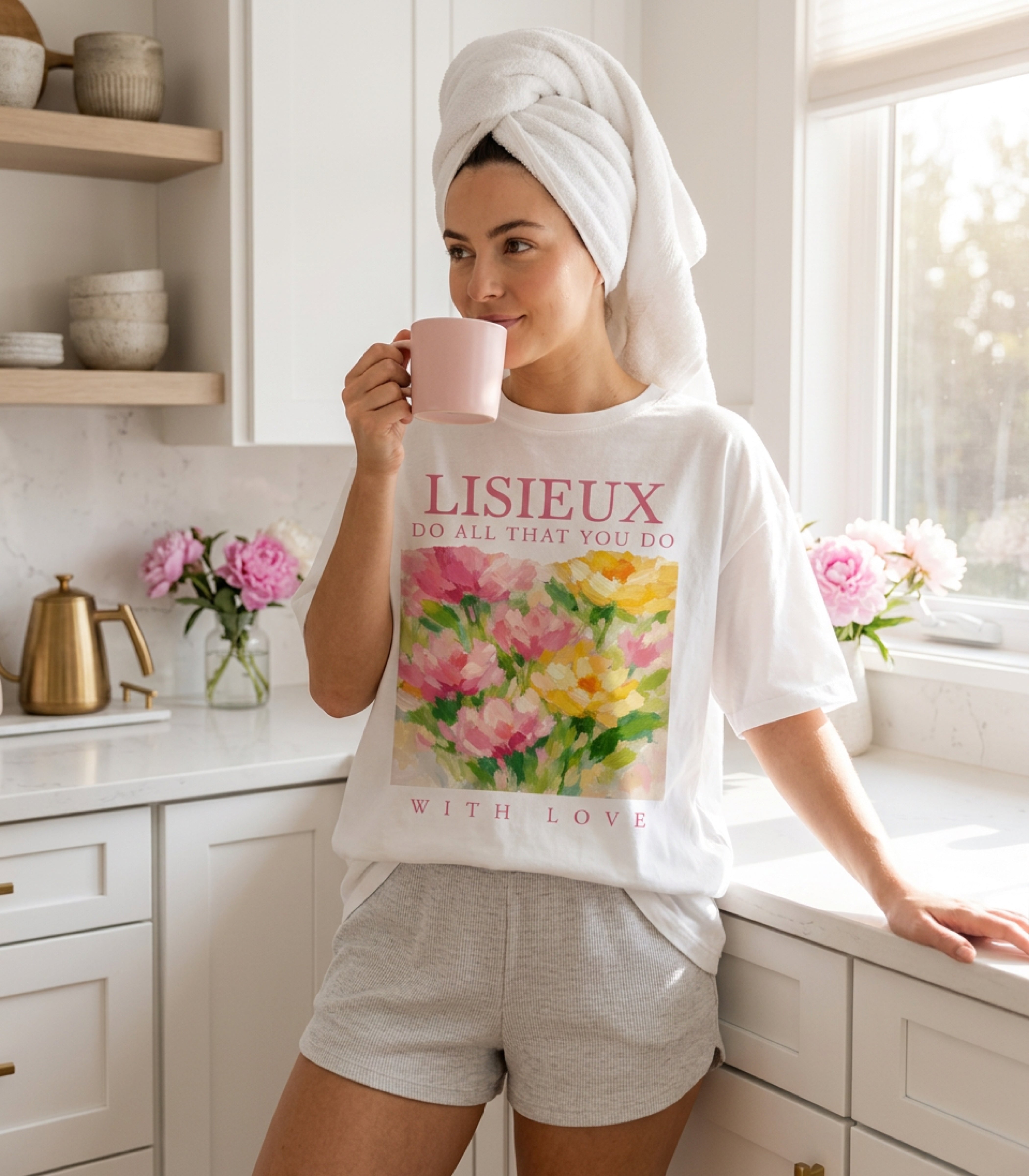 Woman wearing a white t-shirt with pink floral design and text "LISIEUX"