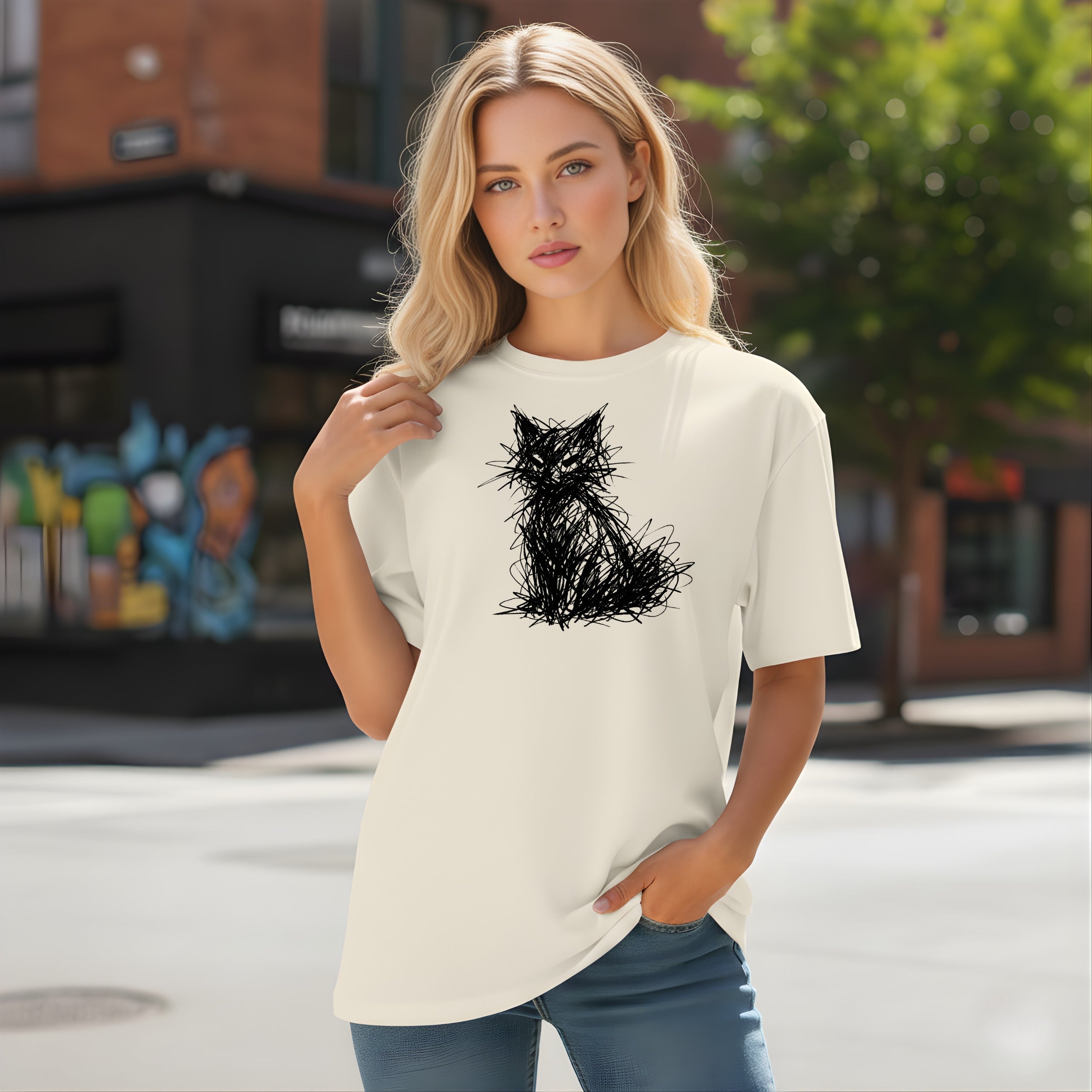 Stylish Scribble Cat Graphic Design T-Shirt for Urban Fashion