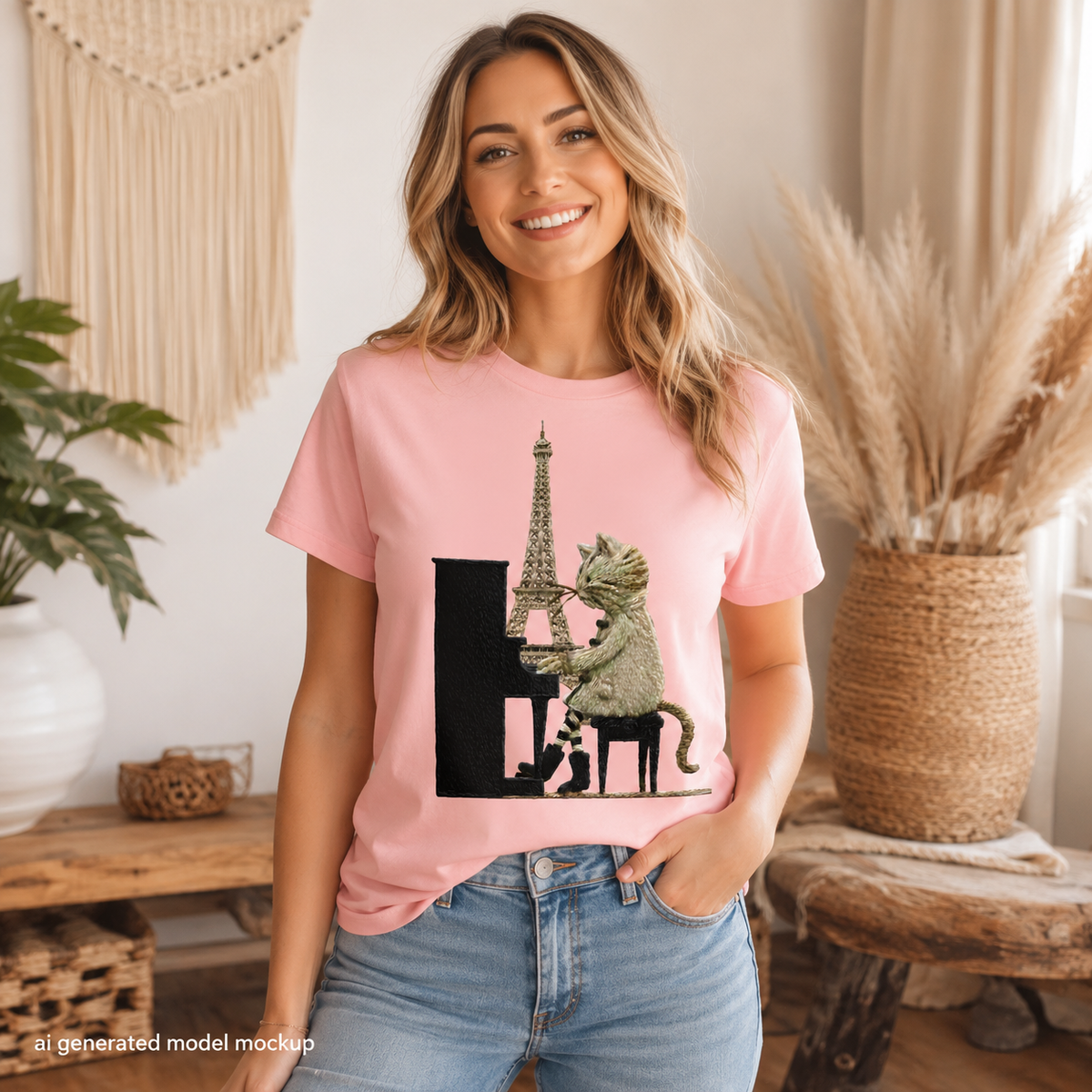 Pink t-shirt with Eiffel Tower, cat playing piano, and Paris graphic.