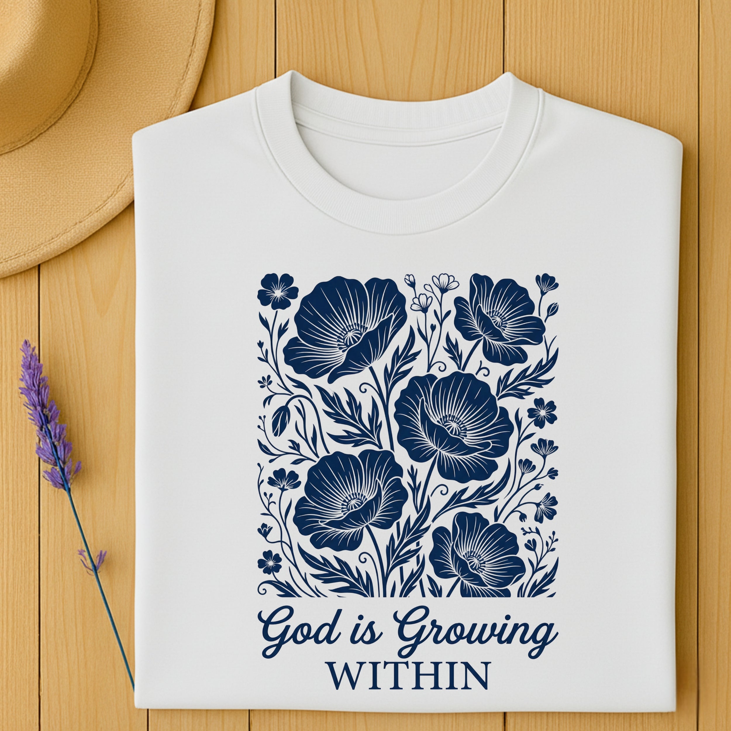 White sweatshirt with floral design and "God is Growing WITHIN" text.