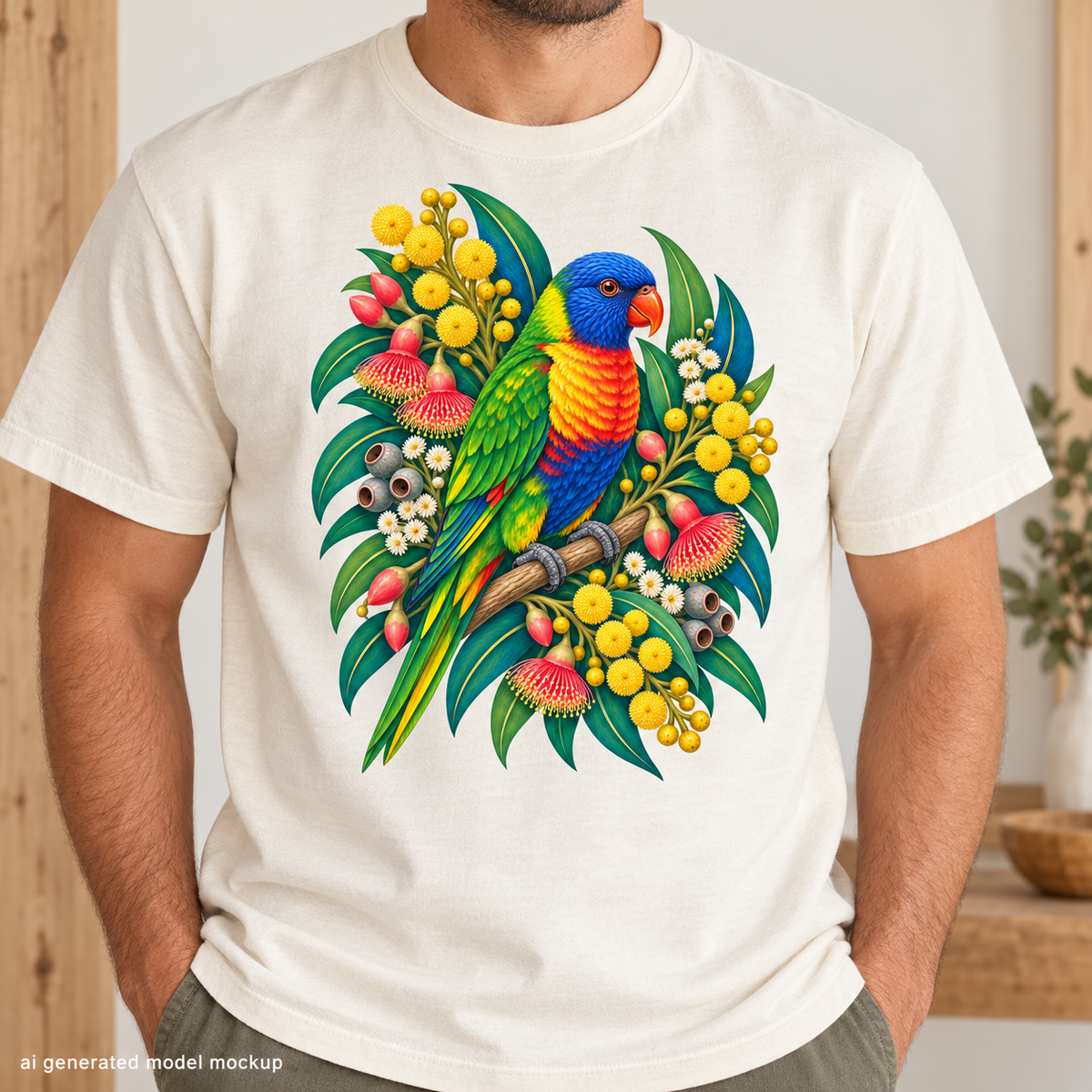 A person wearing a white t-shirt featuring a colorful parrot perched among eucalyptus leaves and flowers.