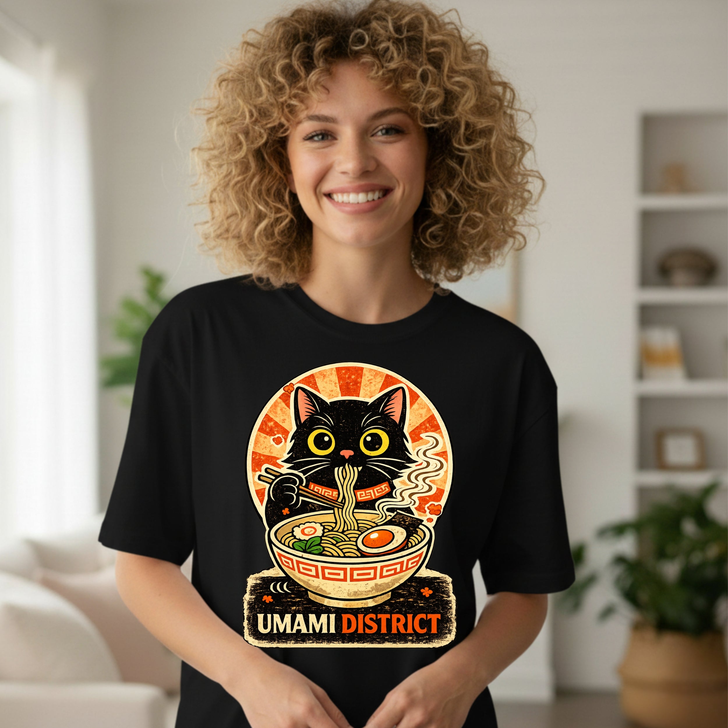 Cute Black Cat Eating Ramen Umami District Shirt