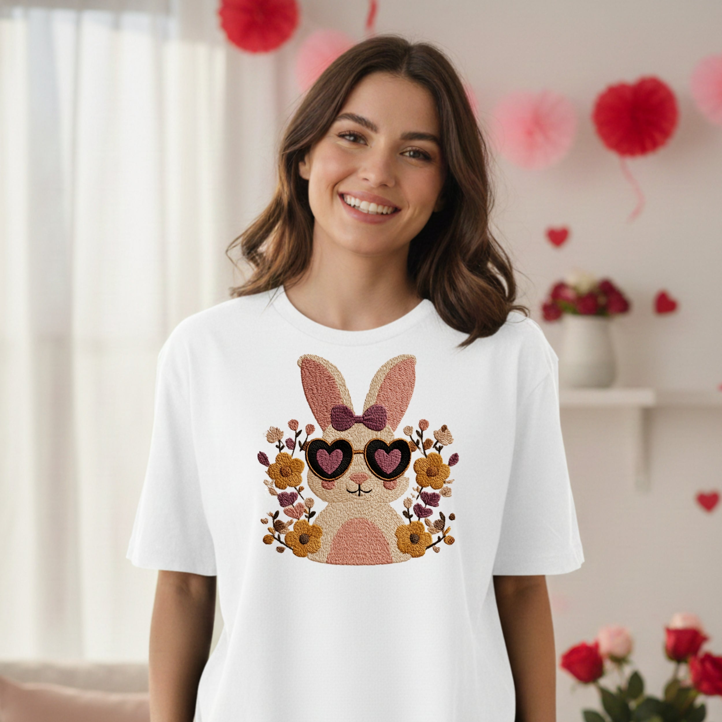 Cute Bunny with Heart Sunglasses Print T-Shirt