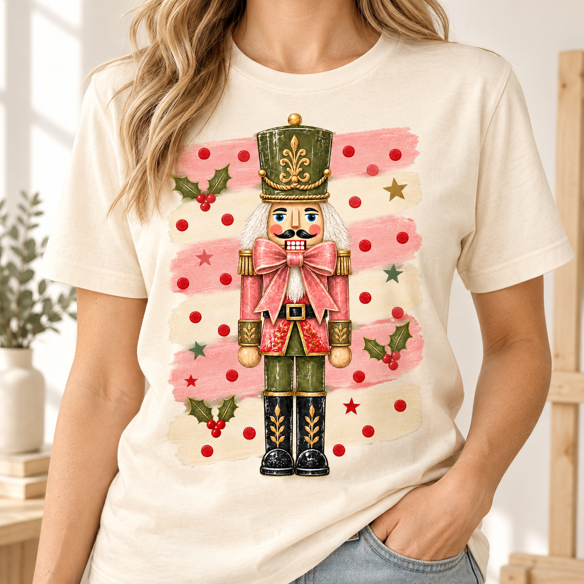 Nutcracker graphic with holiday-themed background on a cream t-shirt.