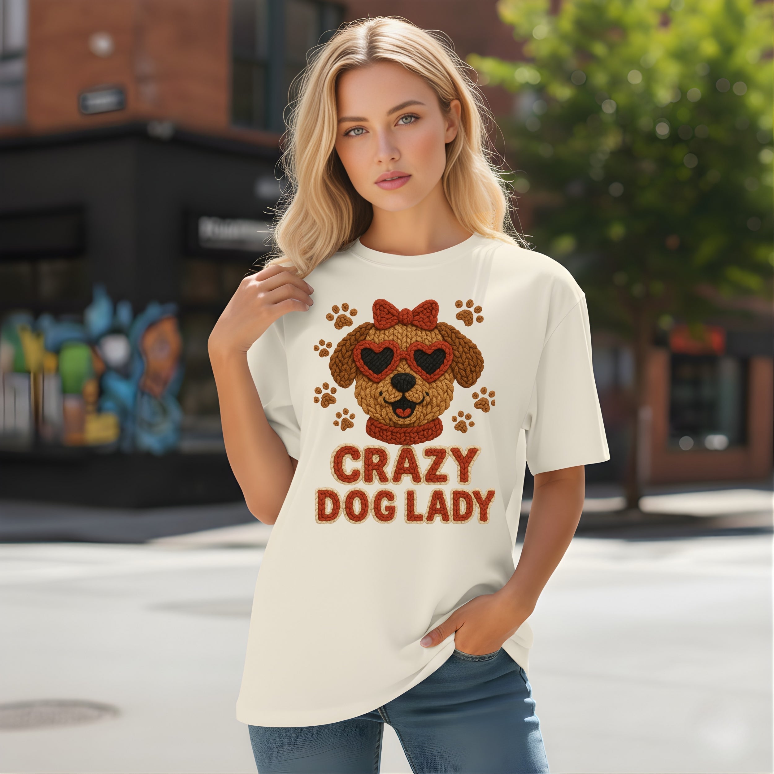 Cream t-shirt with "CRAZY DOG LADY" text and paw print hearts.