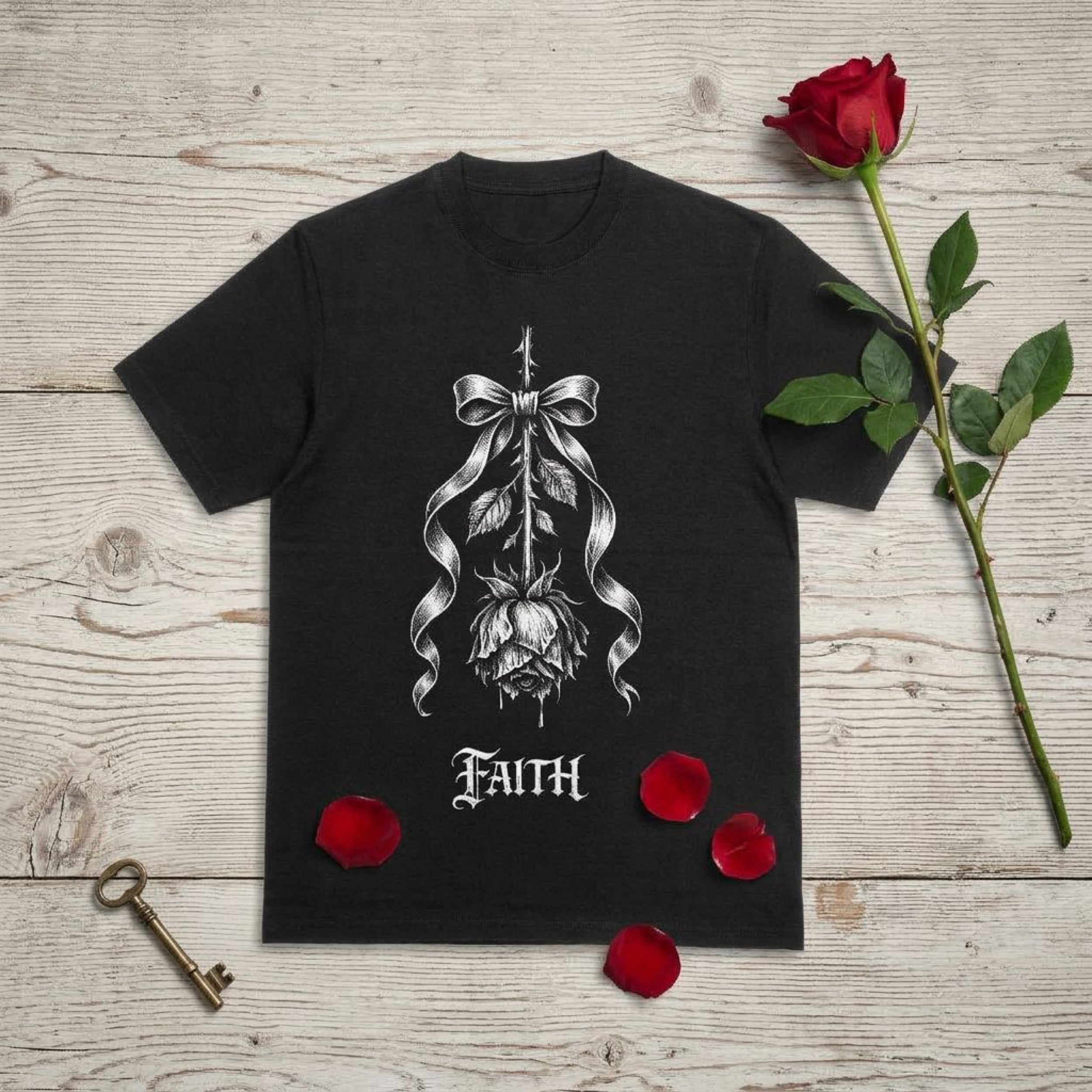 Black t-shirt with a decaying rose tied with a ribbon, the word "FAITH".