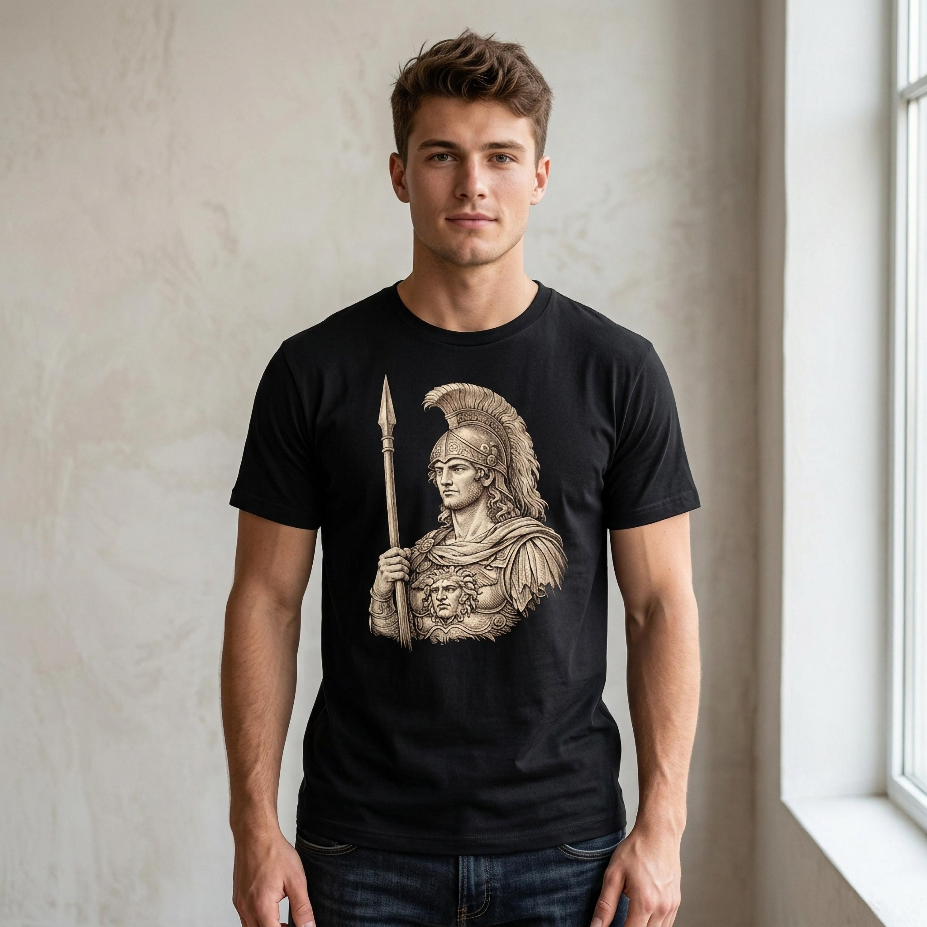 Black t-shirt featuring illustration of ancient Greek warrior holding a spear.