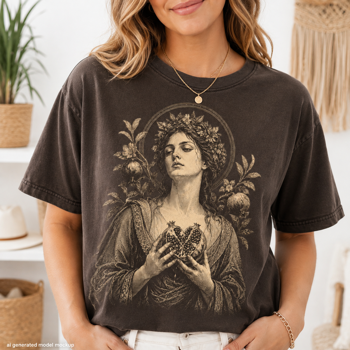 Dark t-shirt with vintage illustration of a woman holding a pomegranate.