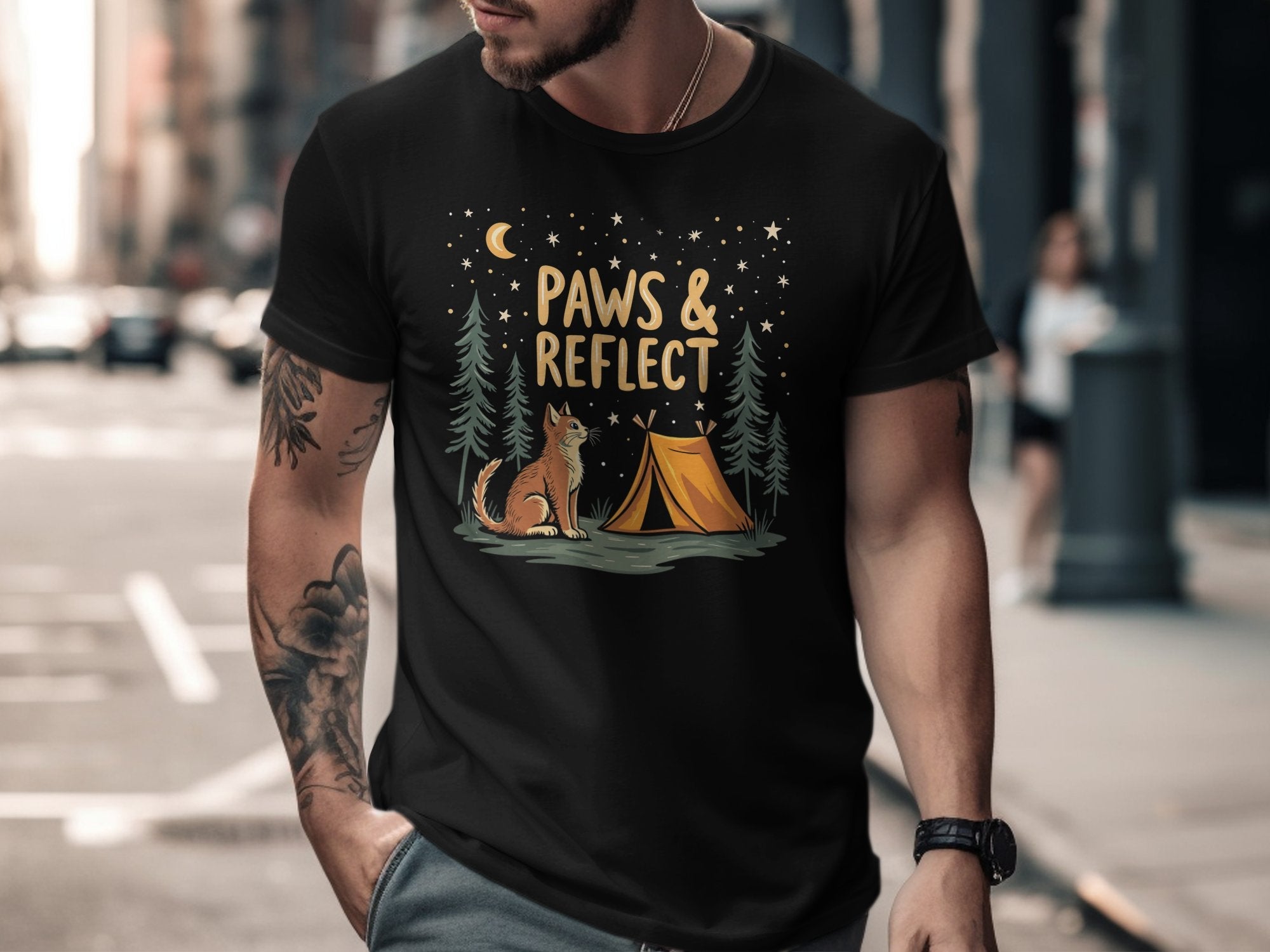 Camping Cat T-Shirt, Paws and Reflect T-Shirt, Cat Lover Gift, Outdoor Adventure Tee, Fun Camping Graphic, Cozy Cat Camp Shirt - Craig Michael Design