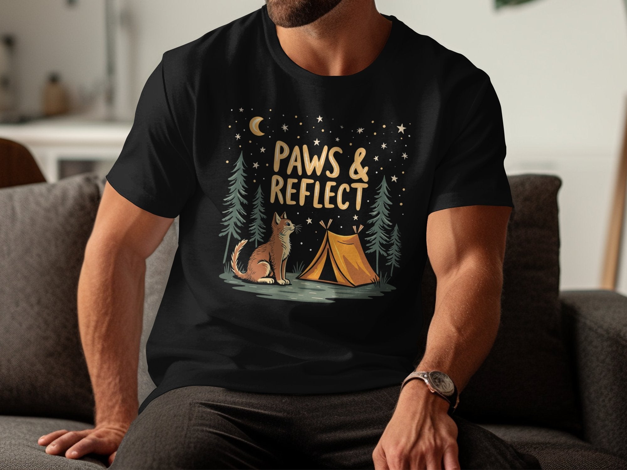 Camping Cat T-Shirt, Paws and Reflect T-Shirt, Cat Lover Gift, Outdoor Adventure Tee, Fun Camping Graphic, Cozy Cat Camp Shirt - Craig Michael Design