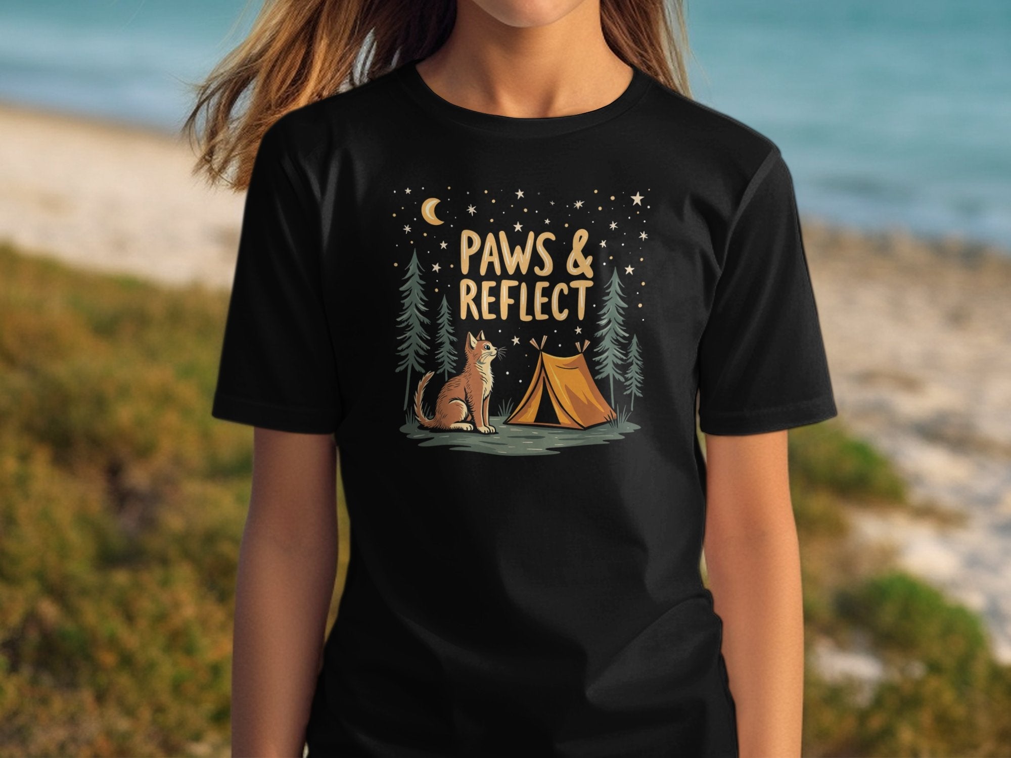 Camping Cat T-Shirt, Paws and Reflect T-Shirt, Cat Lover Gift, Outdoor Adventure Tee, Fun Camping Graphic, Cozy Cat Camp Shirt - Craig Michael Design