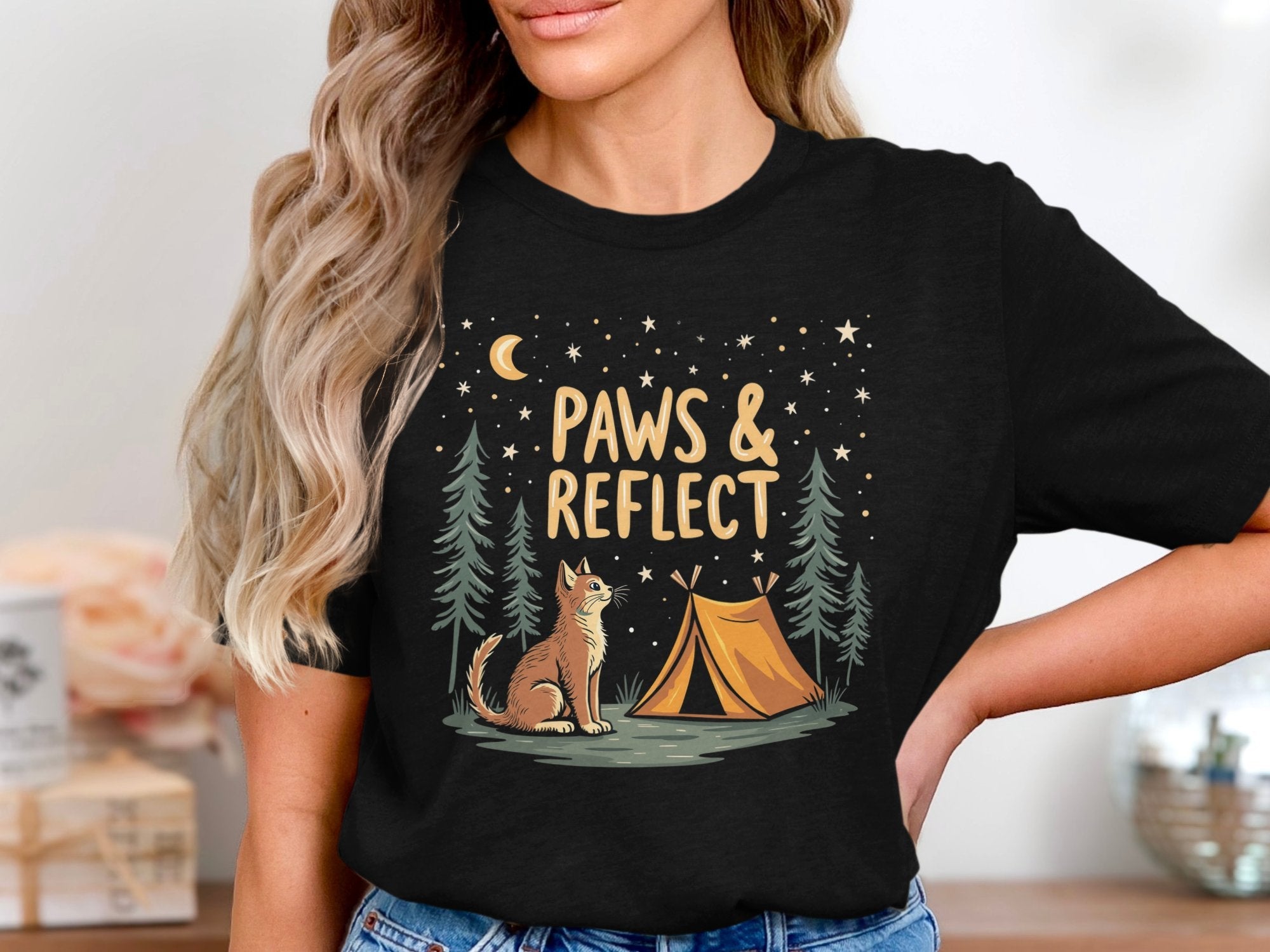 Camping Cat T-Shirt, Paws and Reflect T-Shirt, Cat Lover Gift, Outdoor Adventure Tee, Fun Camping Graphic, Cozy Cat Camp Shirt - Craig Michael Design