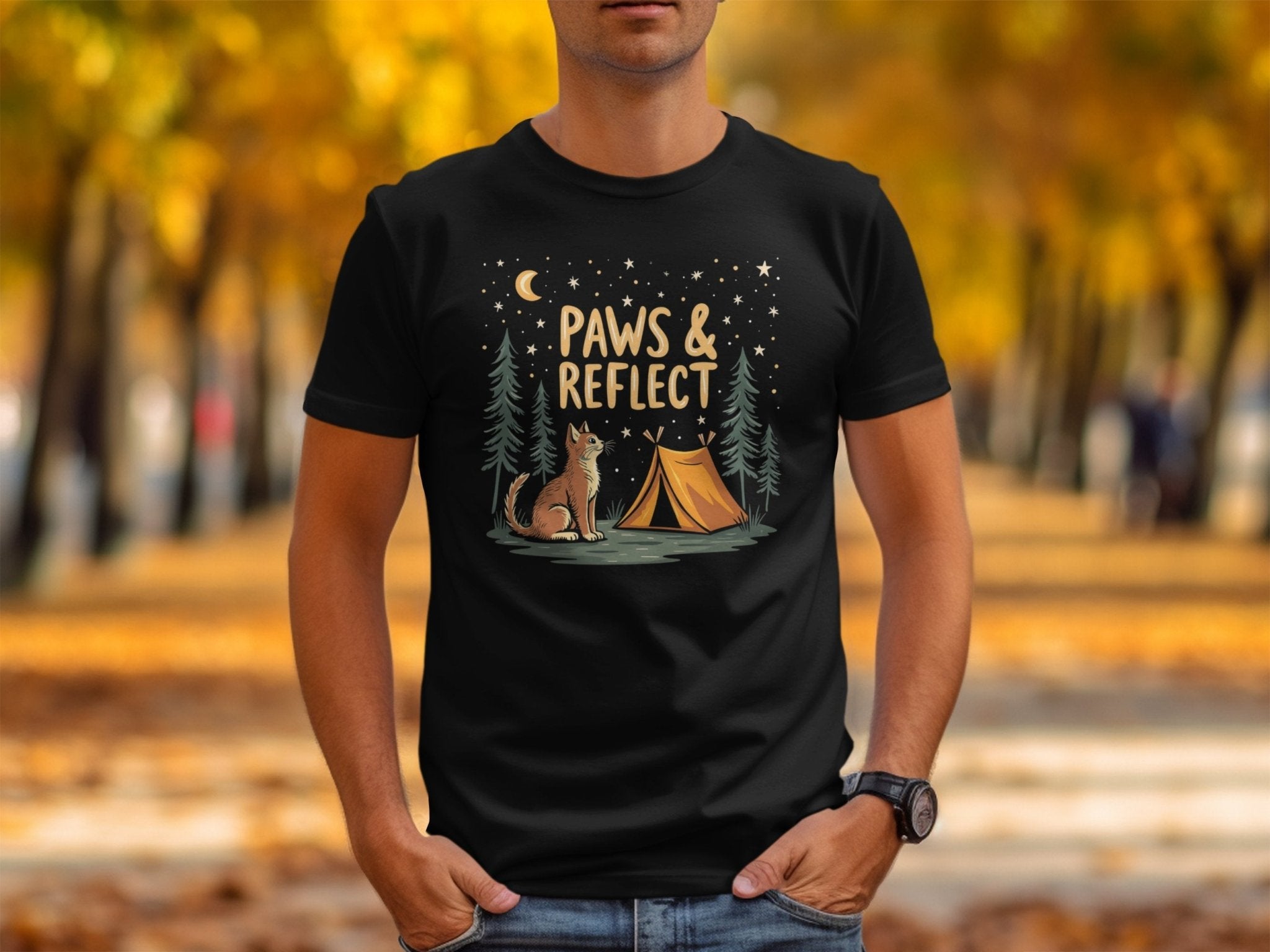 Camping Cat T-Shirt, Paws and Reflect T-Shirt, Cat Lover Gift, Outdoor Adventure Tee, Fun Camping Graphic, Cozy Cat Camp Shirt - Craig Michael Design