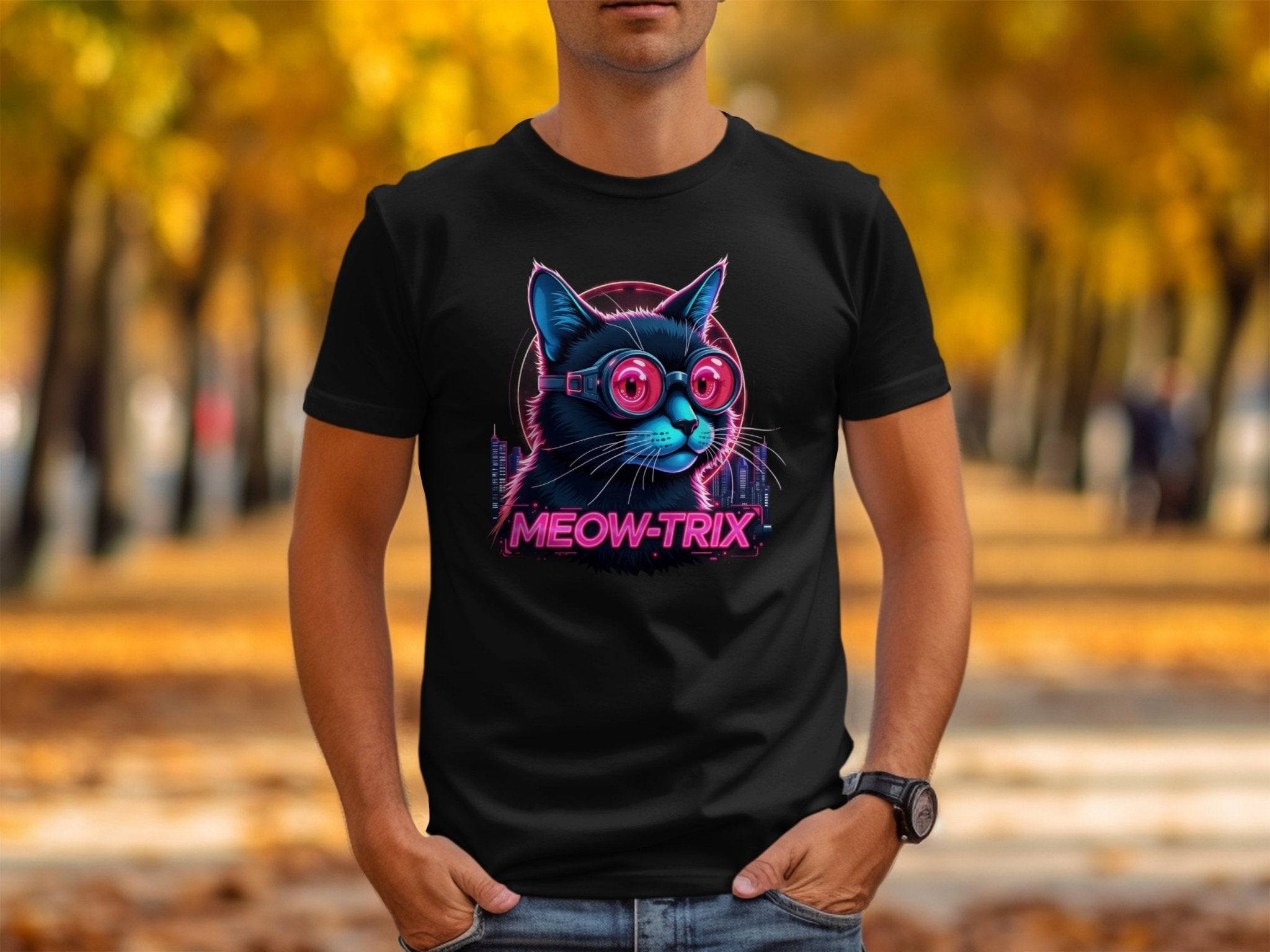 Cat in Cyberpunk Goggles T-Shirt, Meow Trix Cat Illustration Tee, Neon Cat Art Shirt, Futuristic Cat Design Top - Craig Michael Design