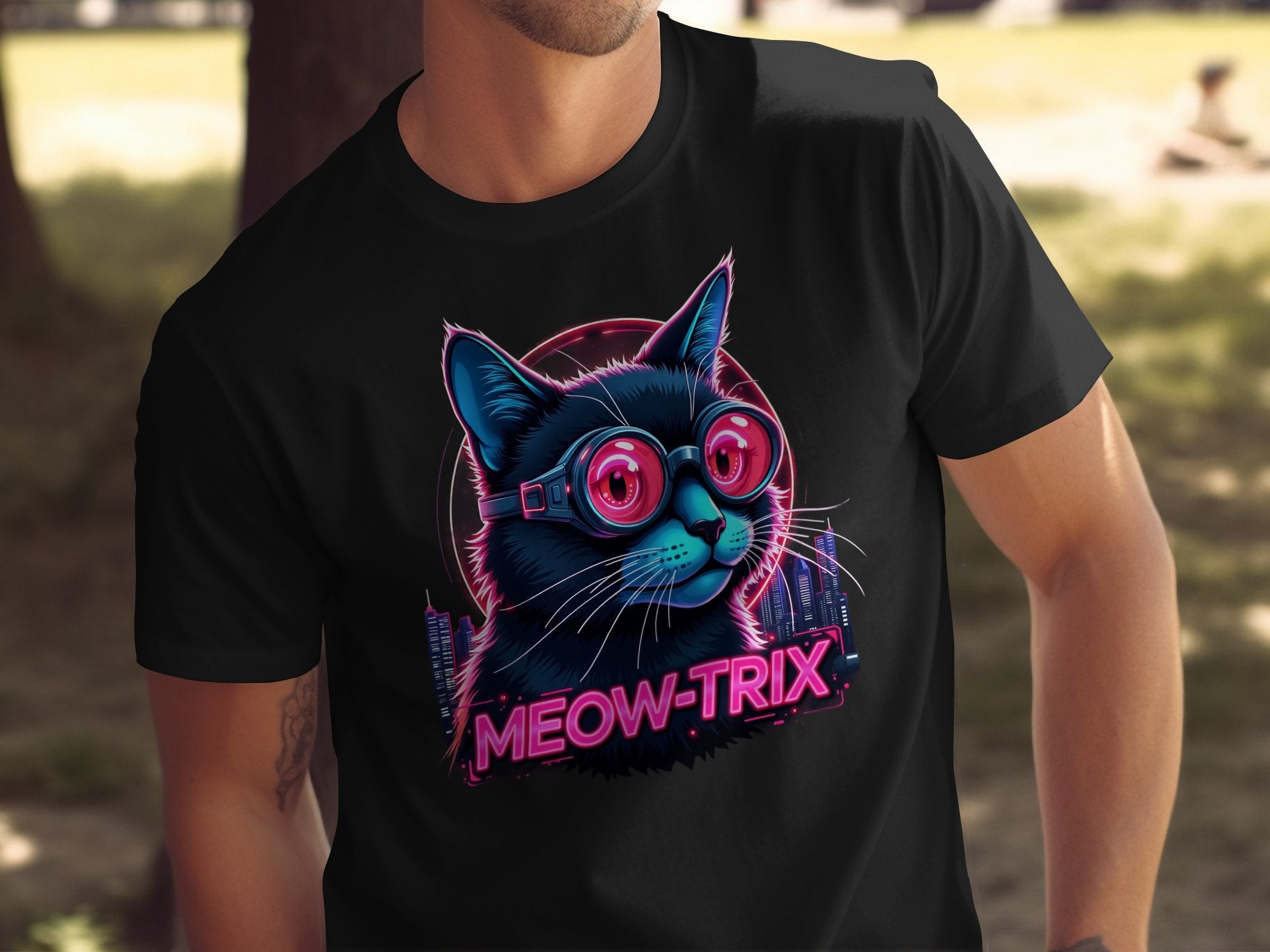 Cat in Cyberpunk Goggles T-Shirt, Meow Trix Cat Illustration Tee, Neon Cat Art Shirt, Futuristic Cat Design Top - Craig Michael Design