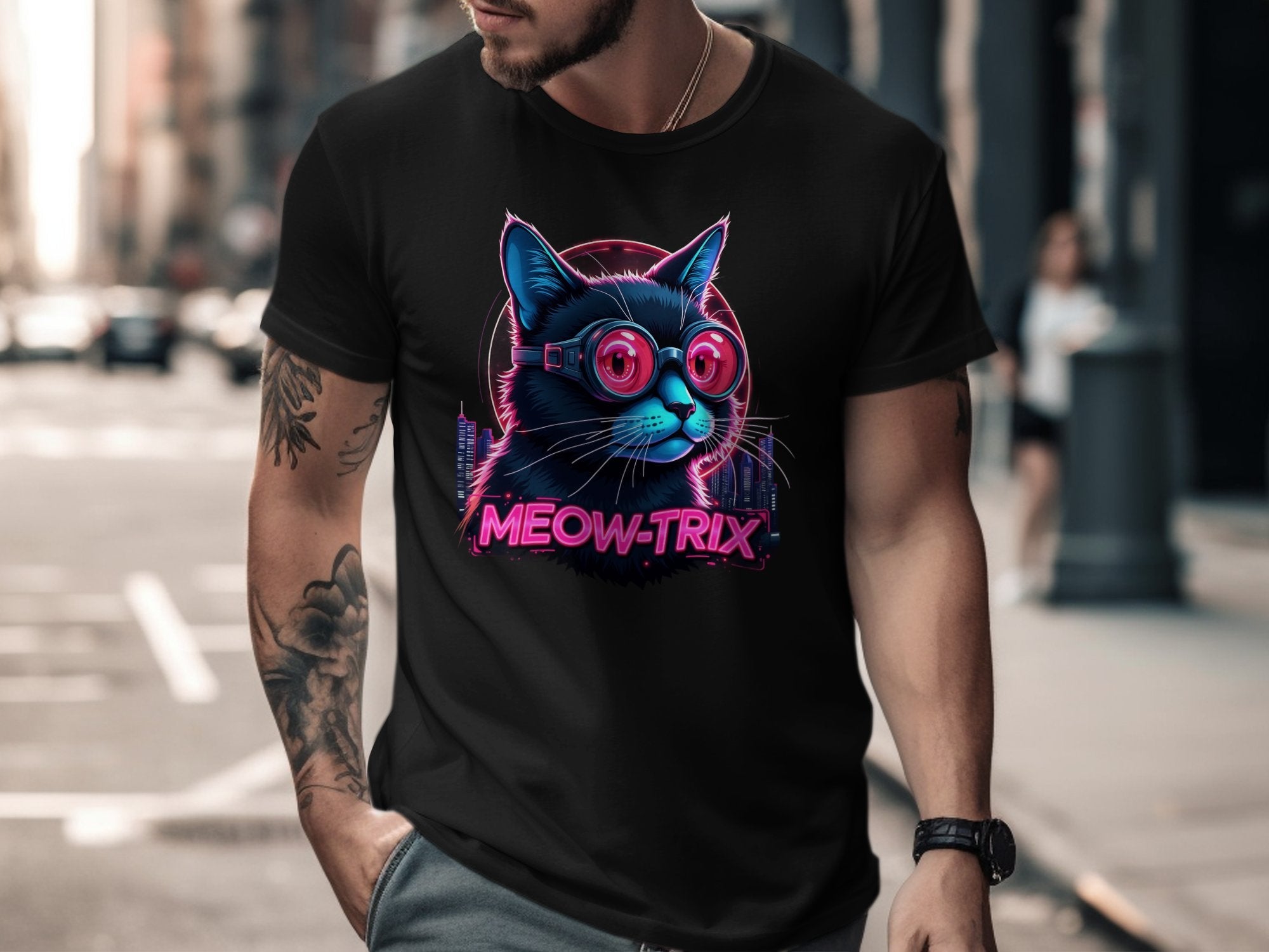 Cat in Cyberpunk Goggles T-Shirt, Meow Trix Cat Illustration Tee, Neon Cat Art Shirt, Futuristic Cat Design Top - Craig Michael Design