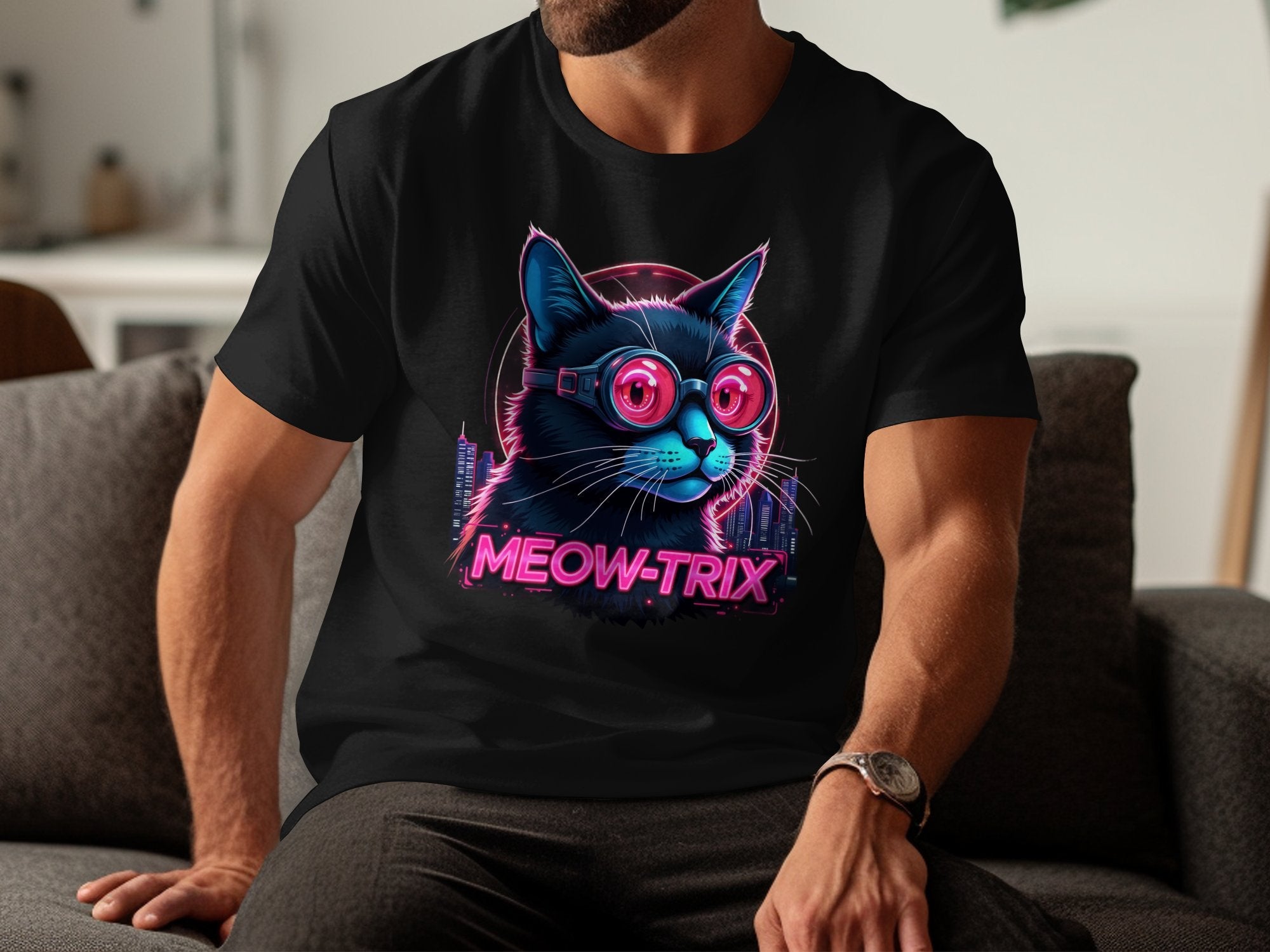 Cat in Cyberpunk Goggles T-Shirt, Meow Trix Cat Illustration Tee, Neon Cat Art Shirt, Futuristic Cat Design Top - Craig Michael Design