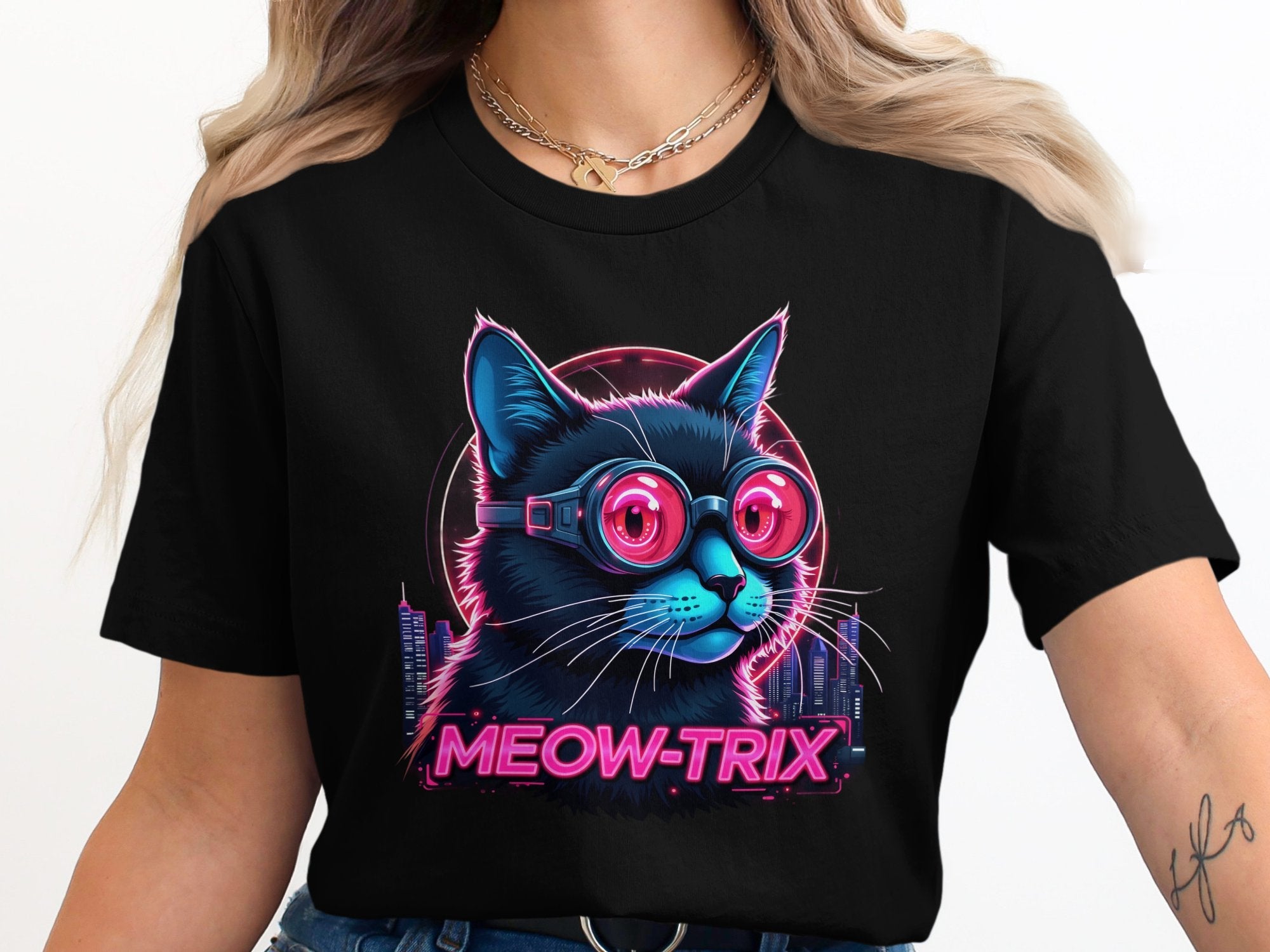 Cat in Cyberpunk Goggles T-Shirt, Meow Trix Cat Illustration Tee, Neon Cat Art Shirt, Futuristic Cat Design Top - Craig Michael Design