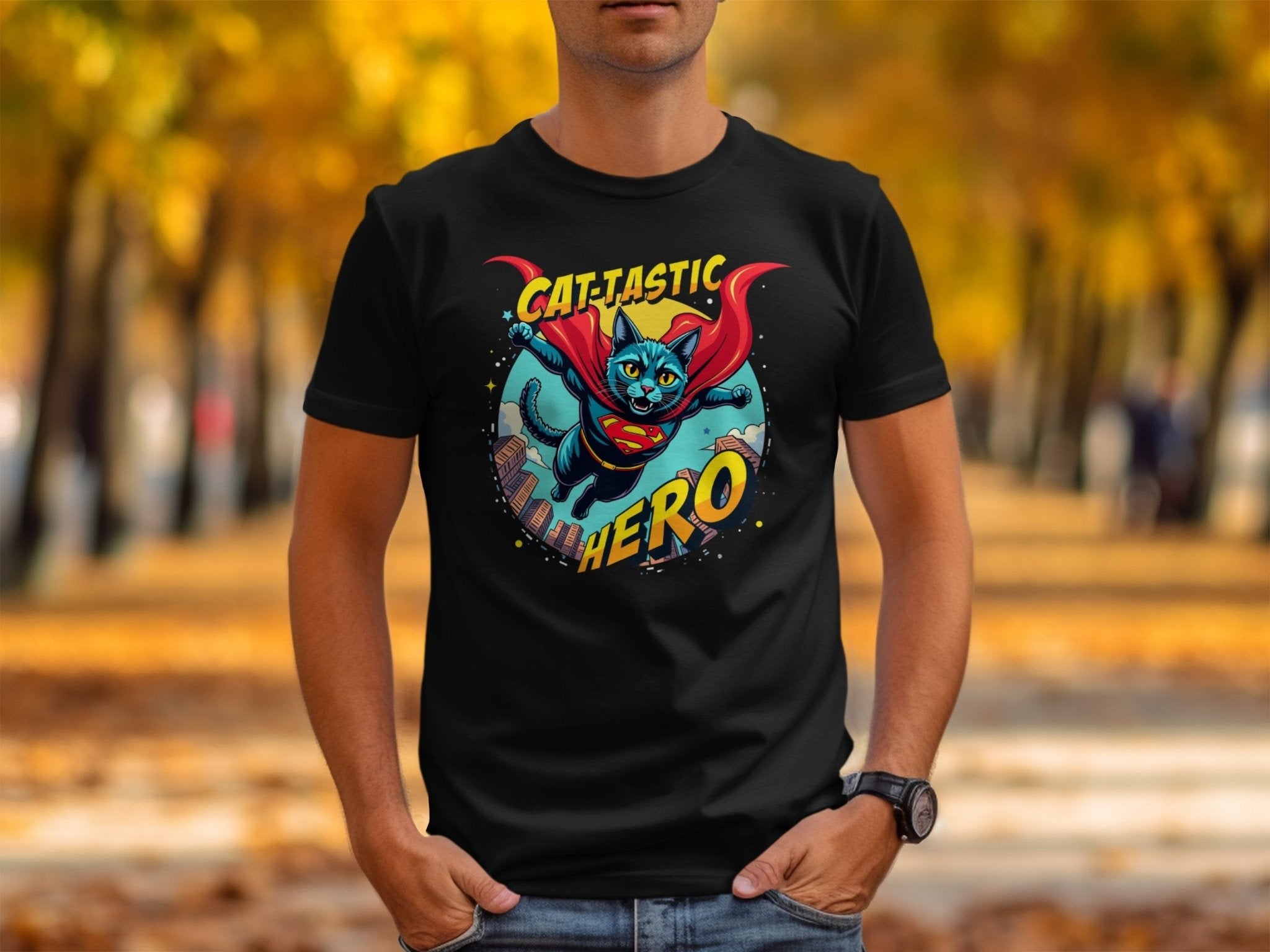 Cat - Tastic Hero T-Shirt, Cartoon Flying Superhero Cat, Funny Feline Graphic Tee, Cute Cat Comic Shirt, Gift for Cat Lovers - Craig Michael Design