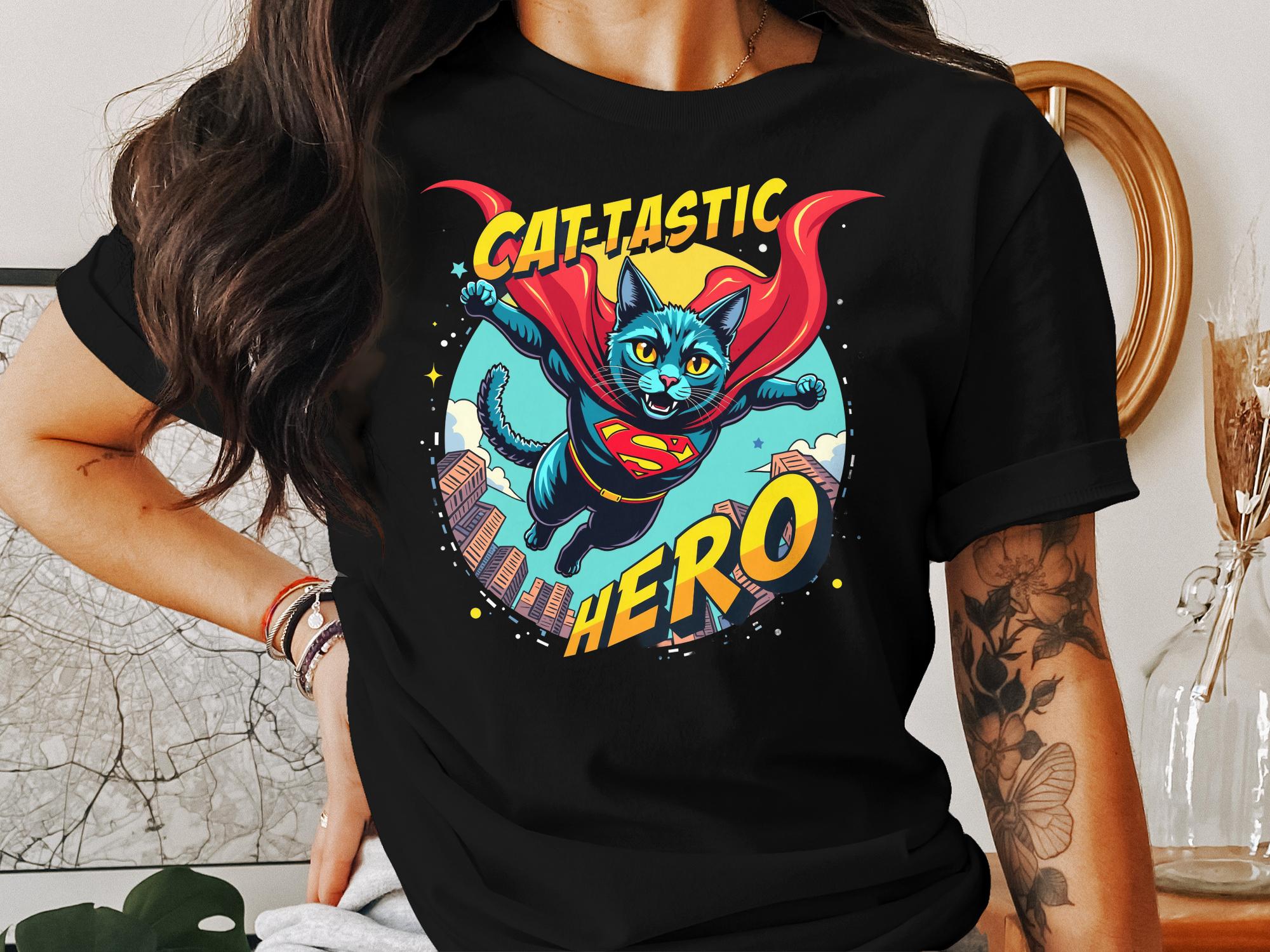 Cat - Tastic Hero T-Shirt, Cartoon Flying Superhero Cat, Funny Feline Graphic Tee, Cute Cat Comic Shirt, Gift for Cat Lovers - Craig Michael Design