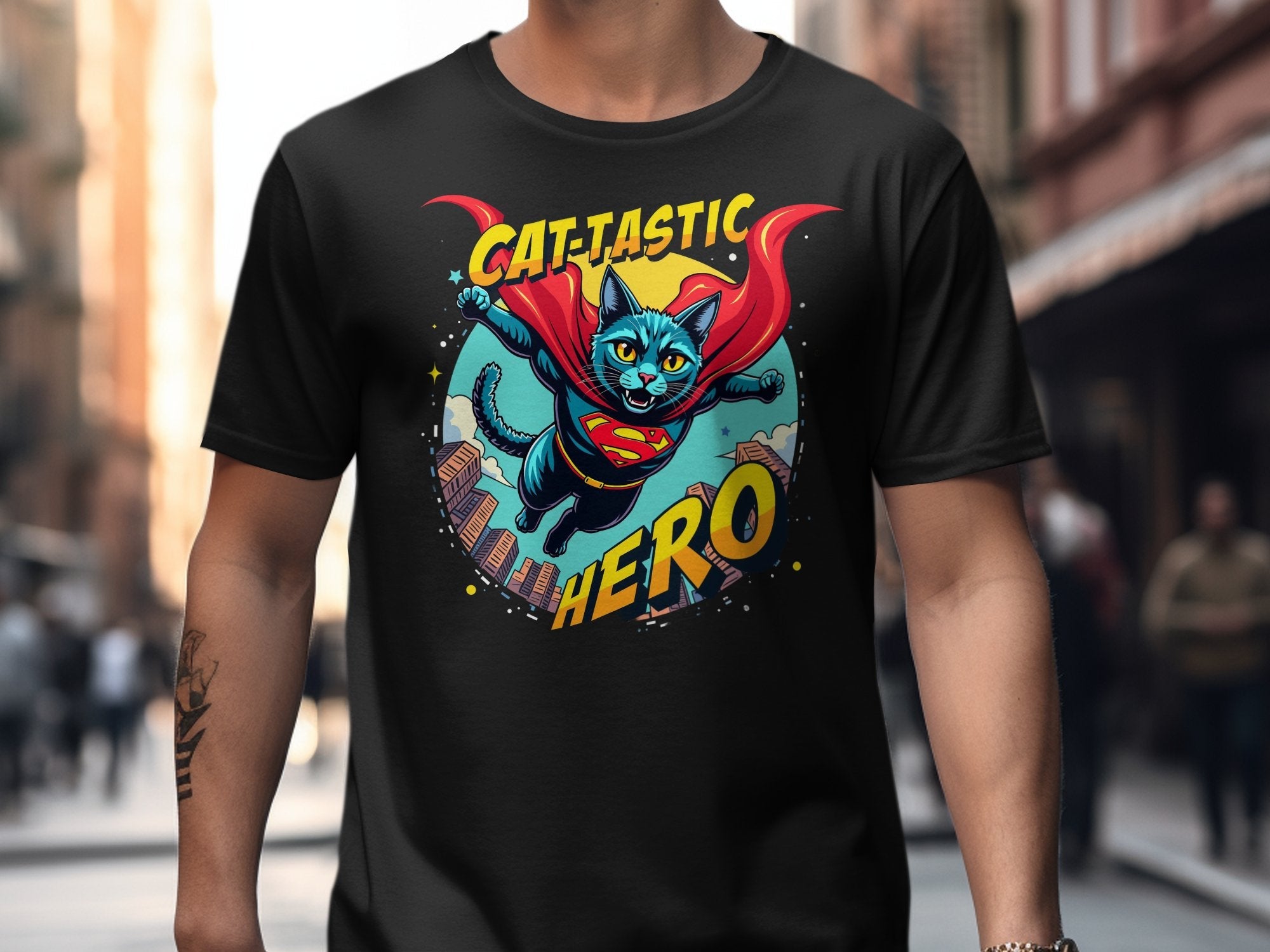 Cat - Tastic Hero T-Shirt, Cartoon Flying Superhero Cat, Funny Feline Graphic Tee, Cute Cat Comic Shirt, Gift for Cat Lovers - Craig Michael Design