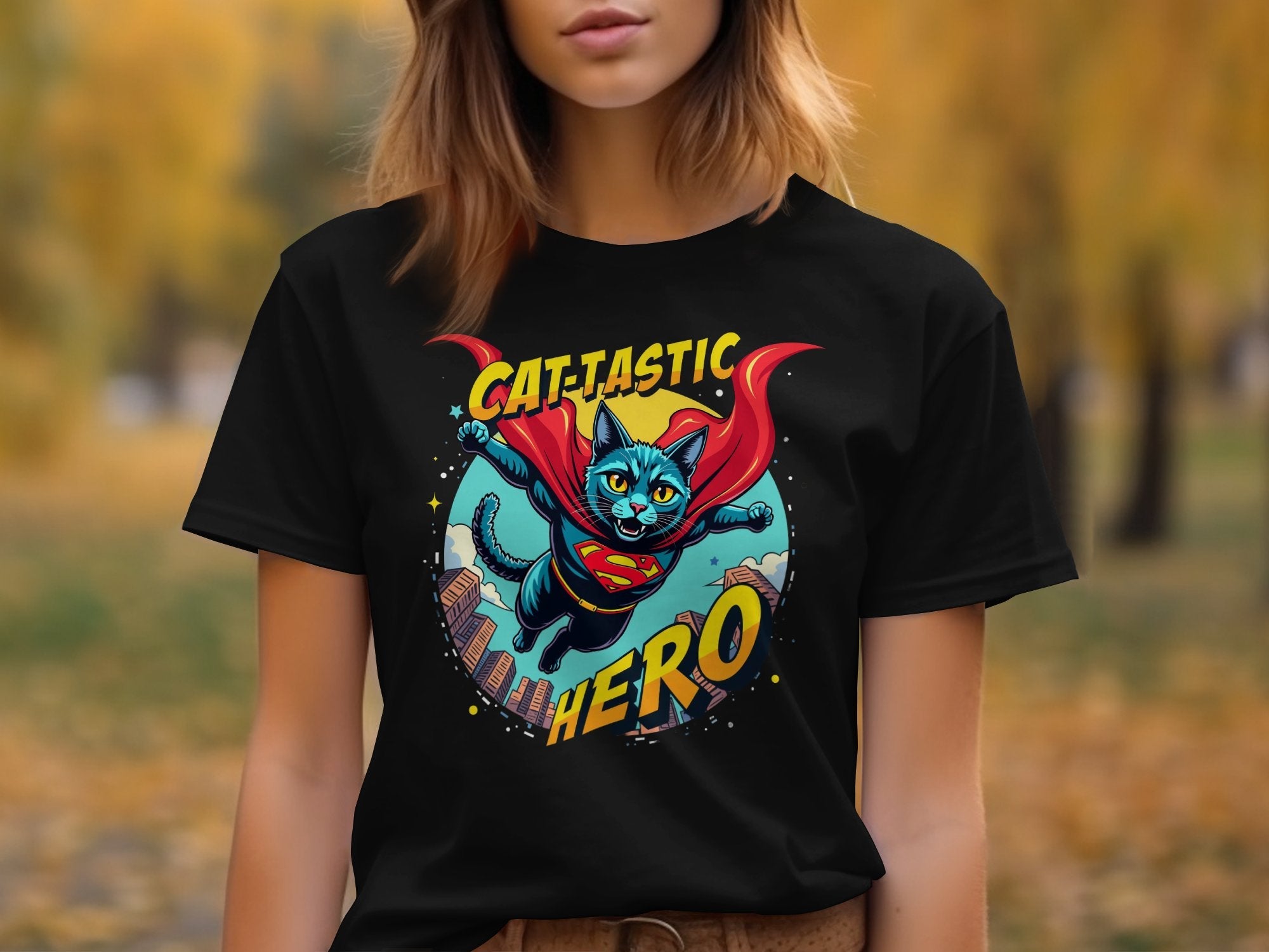 Cat - Tastic Hero T-Shirt, Cartoon Flying Superhero Cat, Funny Feline Graphic Tee, Cute Cat Comic Shirt, Gift for Cat Lovers - Craig Michael Design