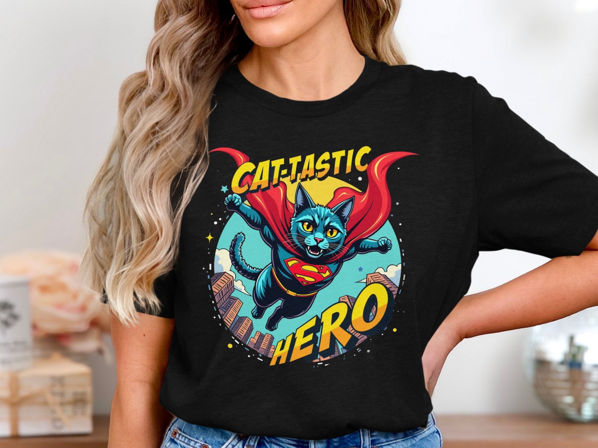 Cat - Tastic Hero T-Shirt, Cartoon Flying Superhero Cat, Funny Feline Graphic Tee, Cute Cat Comic Shirt, Gift for Cat Lovers - Craig Michael Design