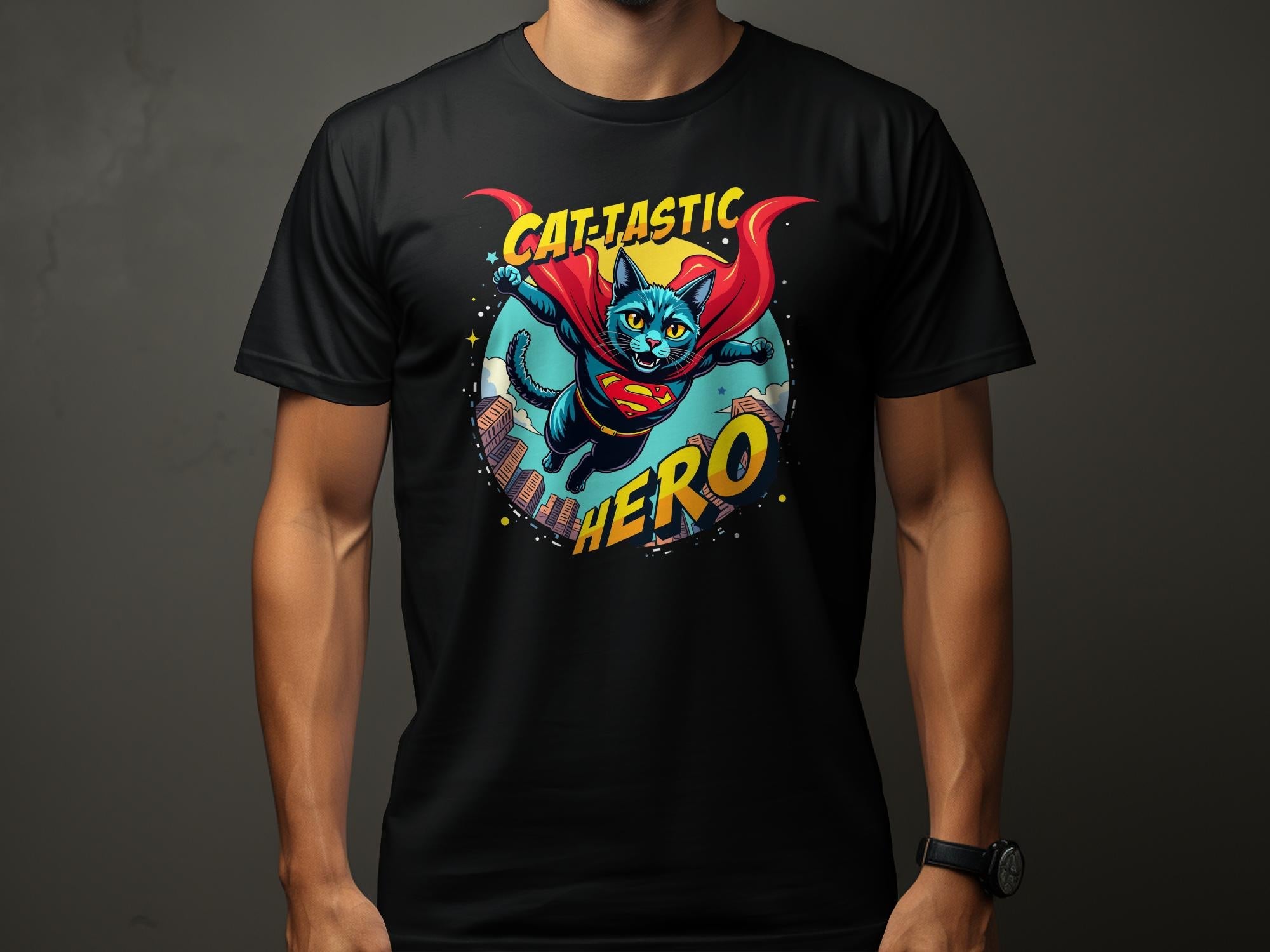 Cat - Tastic Hero T-Shirt, Cartoon Flying Superhero Cat, Funny Feline Graphic Tee, Cute Cat Comic Shirt, Gift for Cat Lovers - Craig Michael Design