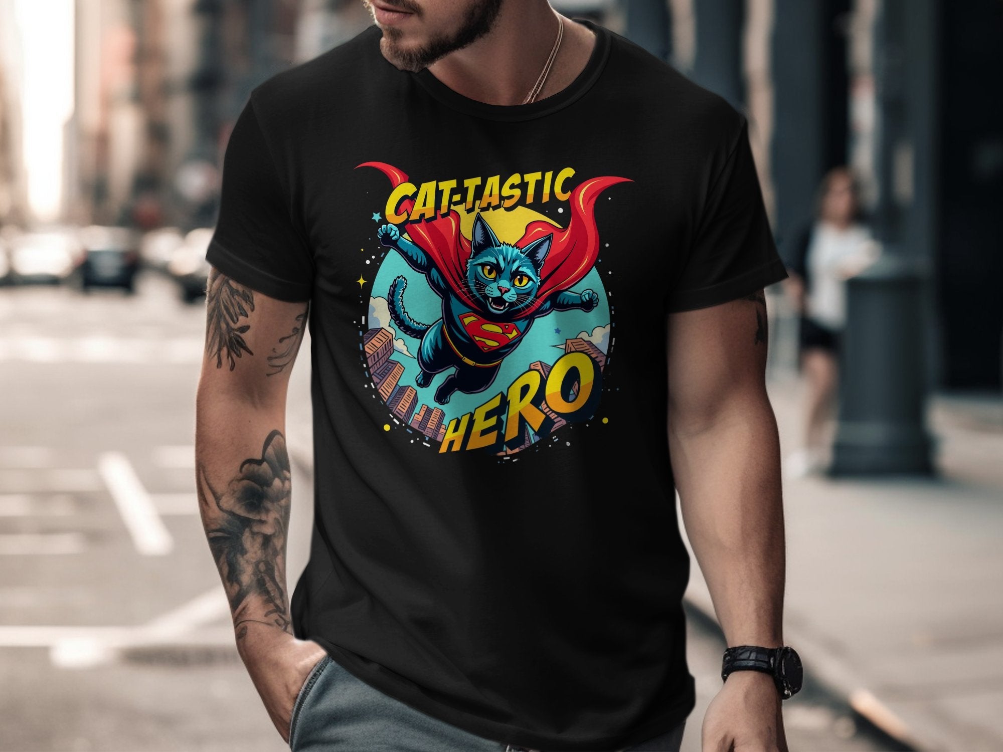 Cat - Tastic Hero T-Shirt, Cartoon Flying Superhero Cat, Funny Feline Graphic Tee, Cute Cat Comic Shirt, Gift for Cat Lovers - Craig Michael Design