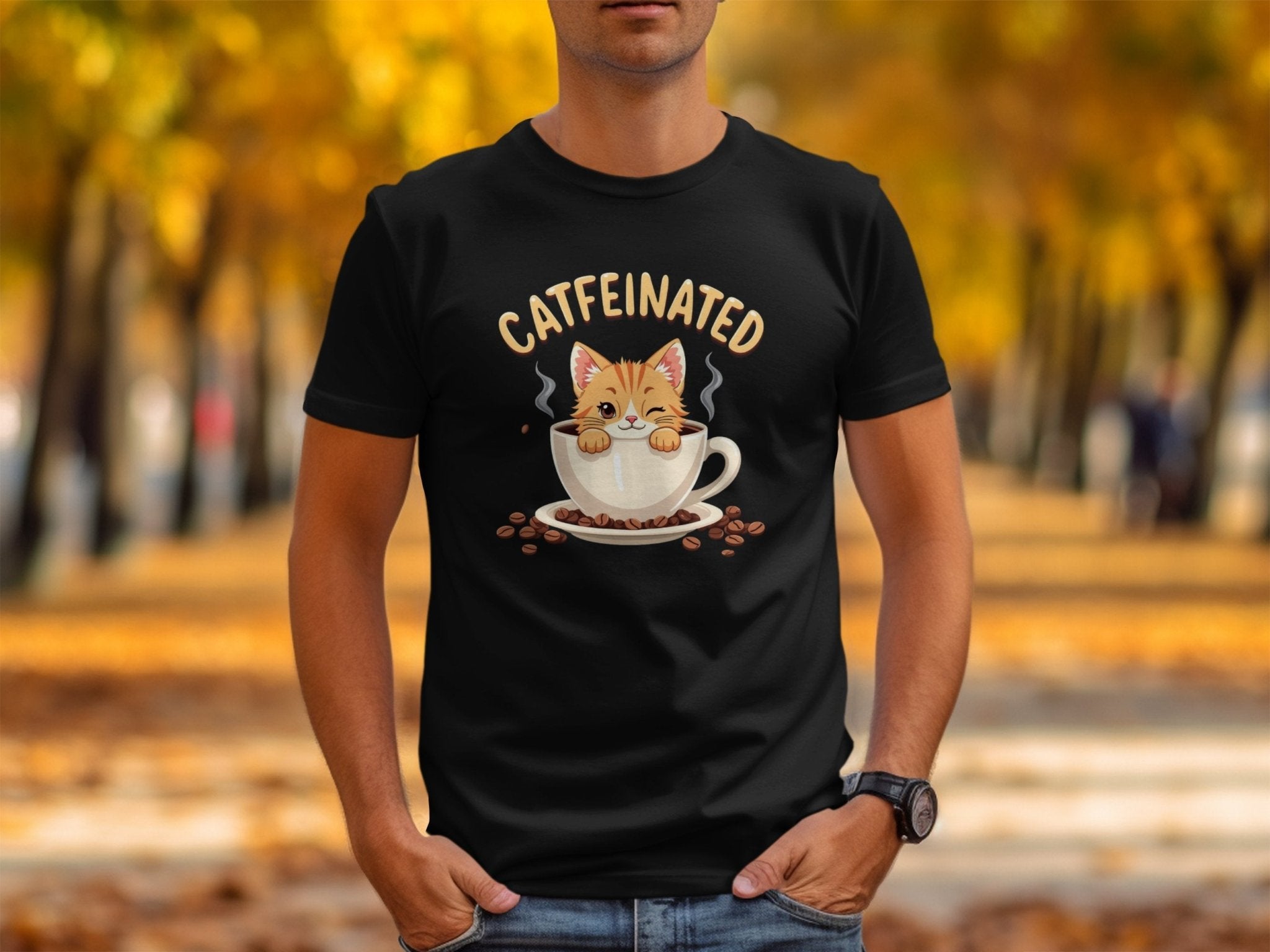 Catfeinated Cat in Coffee Cup T-Shirt, Fun Cat Lover Graphic Tee, Cute Cat Coffee Addict Shirt, Funny Kitty Coffee Mug Design - Craig Michael Design