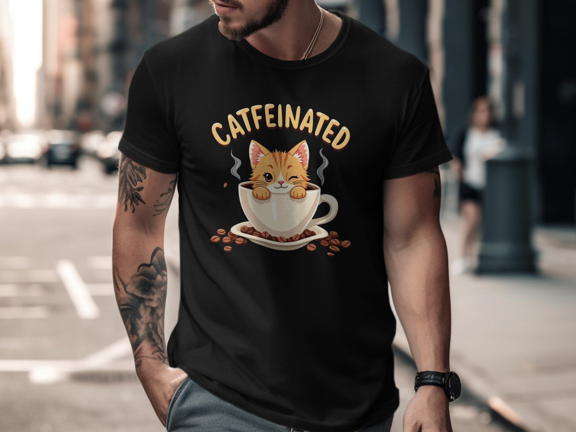 Catfeinated Cat in Coffee Cup T-Shirt, Fun Cat Lover Graphic Tee, Cute Cat Coffee Addict Shirt, Funny Kitty Coffee Mug Design - Craig Michael Design