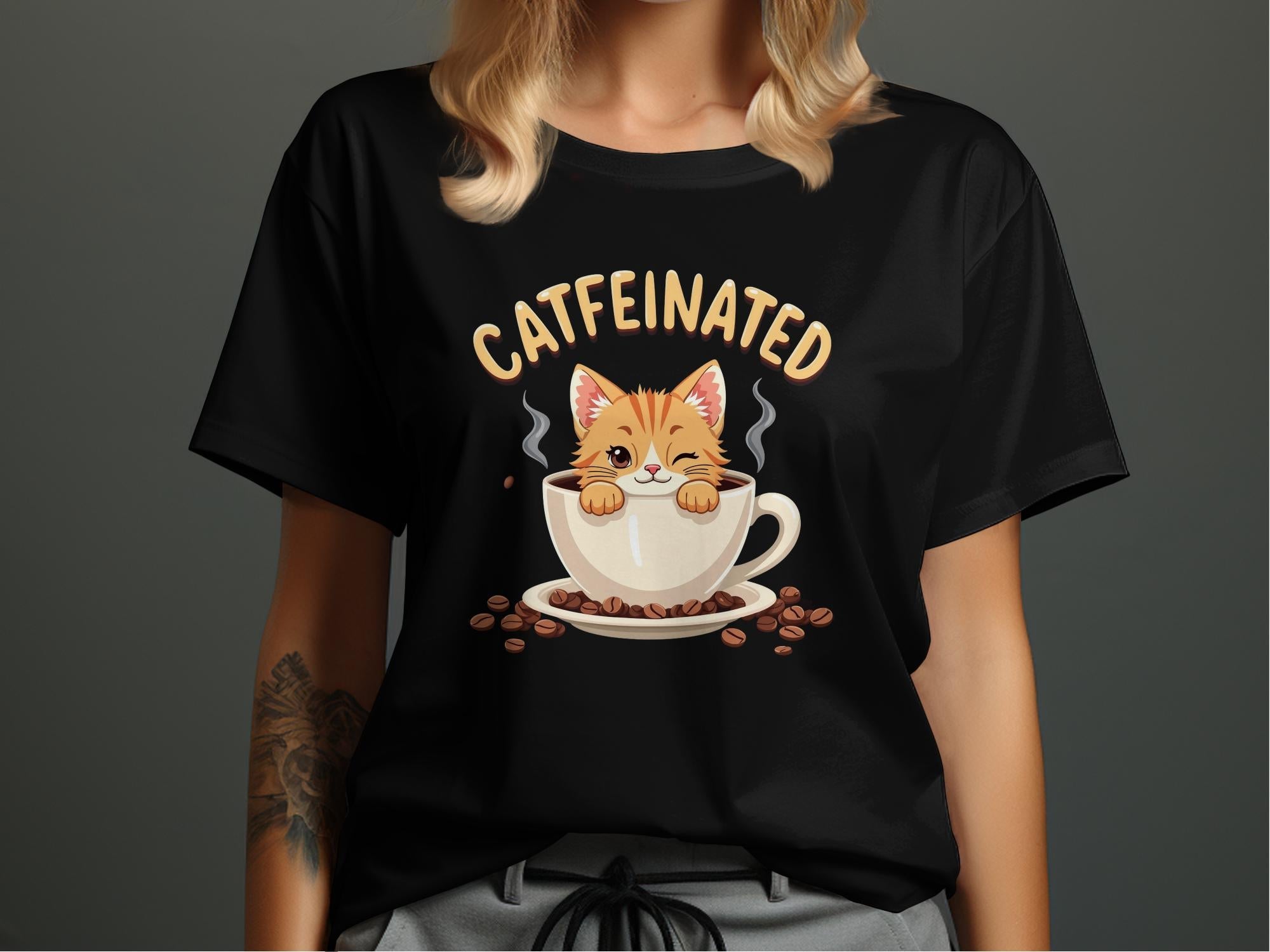 Catfeinated Cat in Coffee Cup T-Shirt, Fun Cat Lover Graphic Tee, Cute Cat Coffee Addict Shirt, Funny Kitty Coffee Mug Design - Craig Michael Design