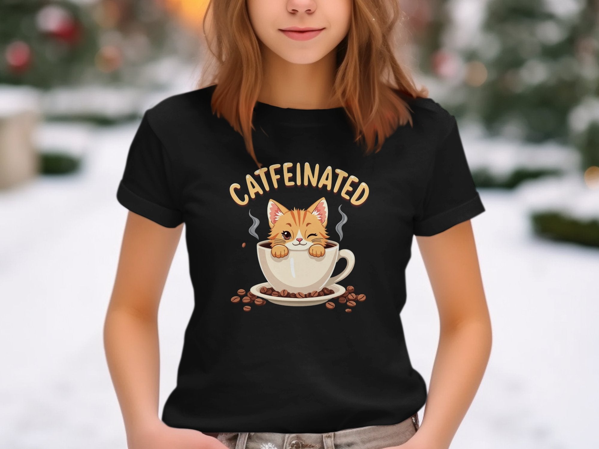 Catfeinated Cat in Coffee Cup T-Shirt, Fun Cat Lover Graphic Tee, Cute Cat Coffee Addict Shirt, Funny Kitty Coffee Mug Design - Craig Michael Design