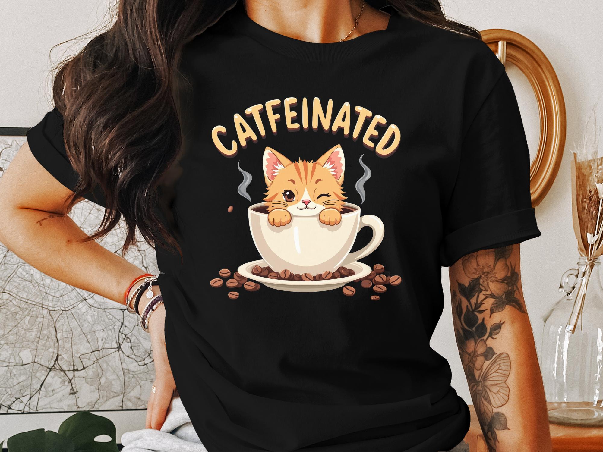 Catfeinated Cat in Coffee Cup T-Shirt, Fun Cat Lover Graphic Tee, Cute Cat Coffee Addict Shirt, Funny Kitty Coffee Mug Design - Craig Michael Design