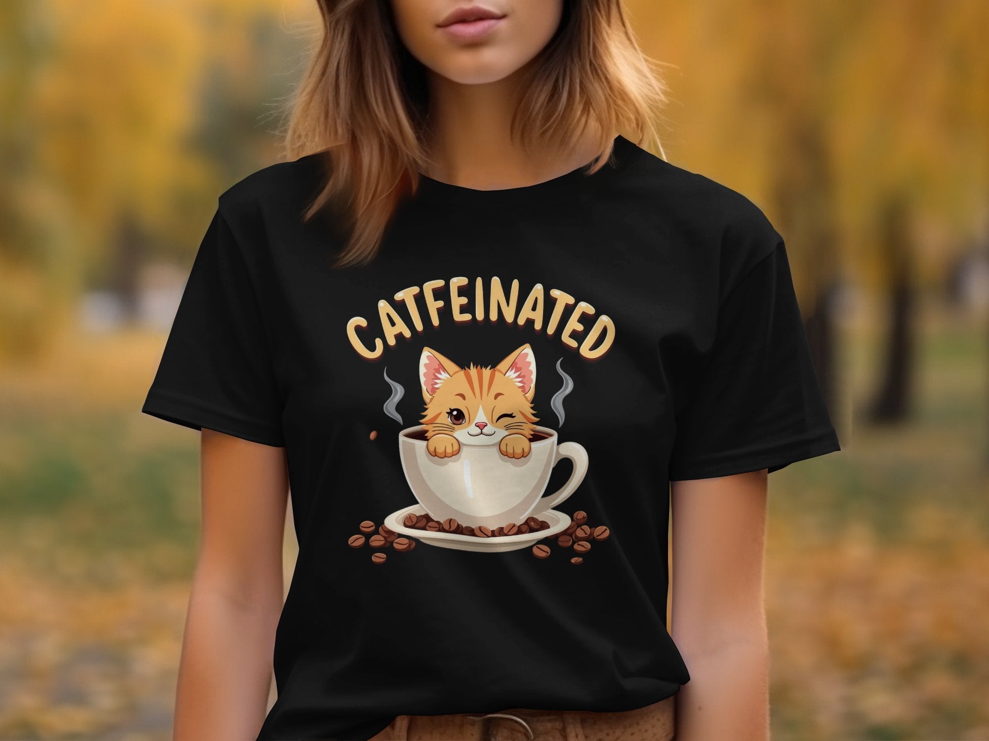 Catfeinated Cat in Coffee Cup T-Shirt, Fun Cat Lover Graphic Tee, Cute Cat Coffee Addict Shirt, Funny Kitty Coffee Mug Design - Craig Michael Design