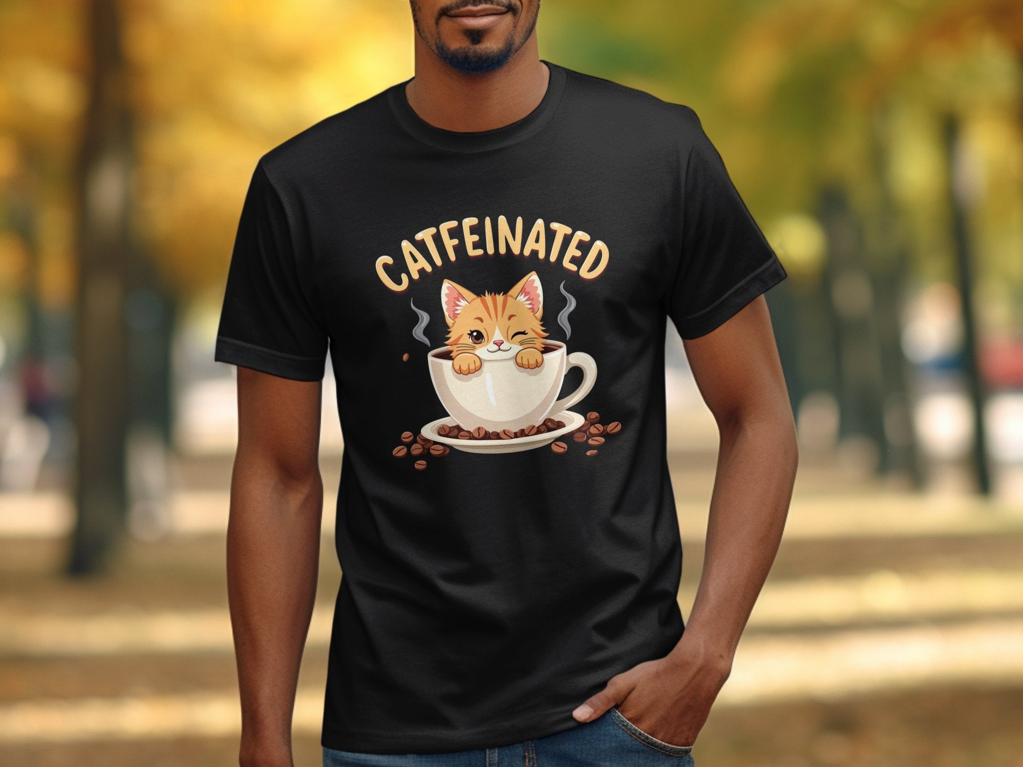 Catfeinated Cat in Coffee Cup T-Shirt, Fun Cat Lover Graphic Tee, Cute Cat Coffee Addict Shirt, Funny Kitty Coffee Mug Design - Craig Michael Design