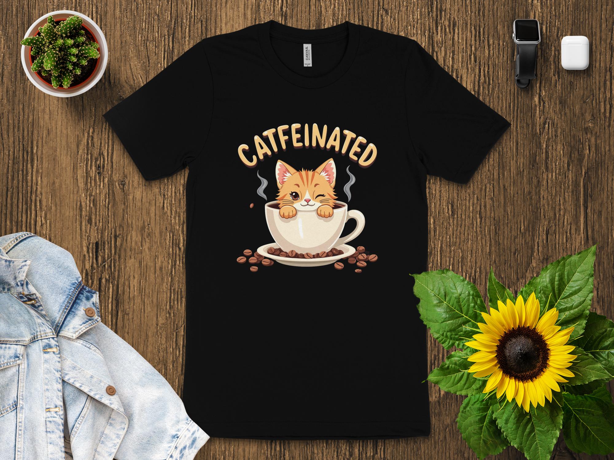 Catfeinated Cat in Coffee Cup T-Shirt, Fun Cat Lover Graphic Tee, Cute Cat Coffee Addict Shirt, Funny Kitty Coffee Mug Design - Craig Michael Design